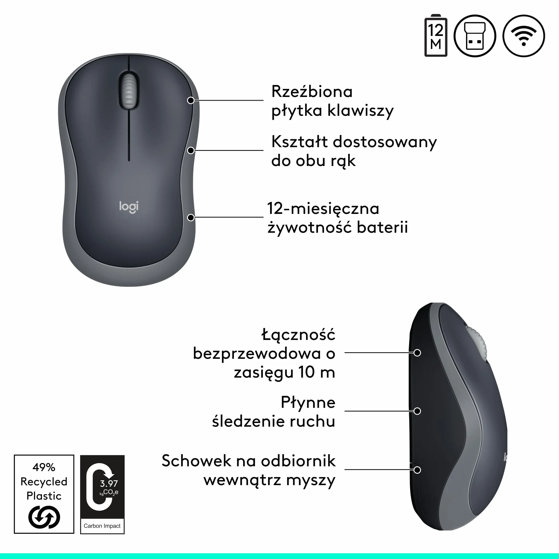 Logitech M185 910-002235 Mysz, Szary/Czarny, 2,4 GHz