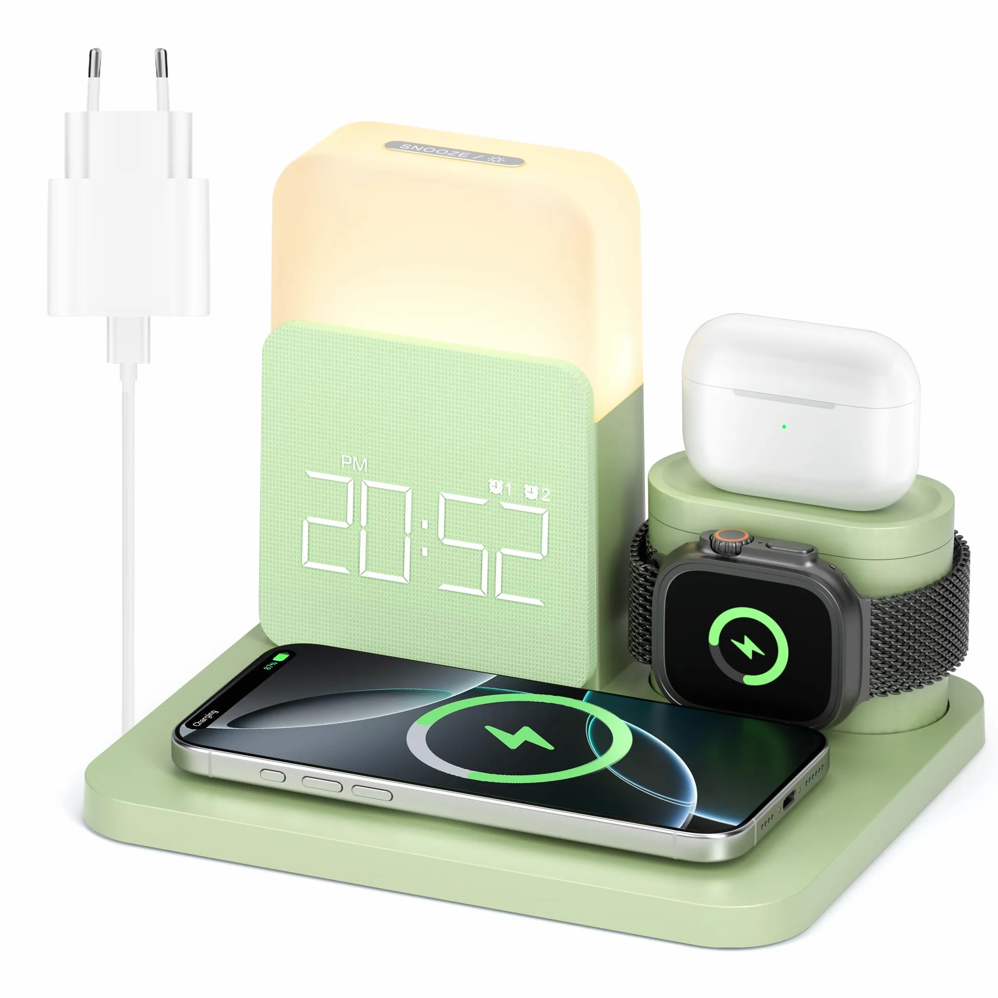 COLSUR Stacja ładująca 3 w 1 do Apple Watch iPhone Airpods, 15 W, szybka bezprzewodowa ładowarka do iPhone 17/16/15/14/13, lampka nocna z funkcją ładowania, budzik ze stacją ładującą, akcesoria do