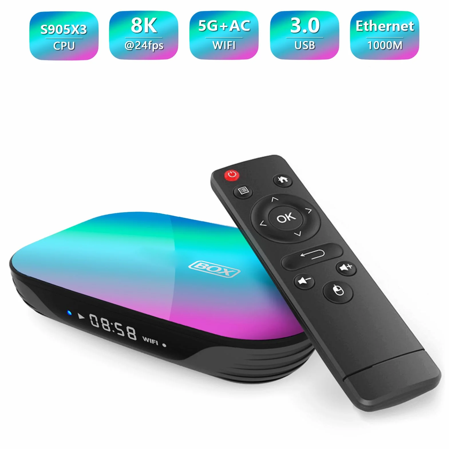 XUMIUZIY TV Box 8K, 4 GB DDR3, 32 GB EMMC, Czterordzeniowy Procesor S905X3, Podwójne WiFi 2.4G 5G, Gigabit Ethernet, USB 3.0, Wyjście AV do Domu (4+128G)