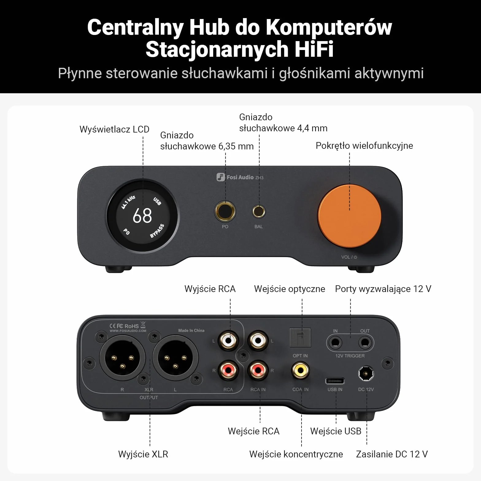 Fosi Audio ZH3 Wzmacniacz Słuchawkowy DAC, w Pełni Zbalansowany Przedwzmacniacz z AKM4493SEQ XMOS XU316 PCM768 kHz, Wejście USB/Optyczne/COAX/RCA/12 V Trigger, Wyjście XLR/RCA/4,4 mm/6,35 mm z Pilotem