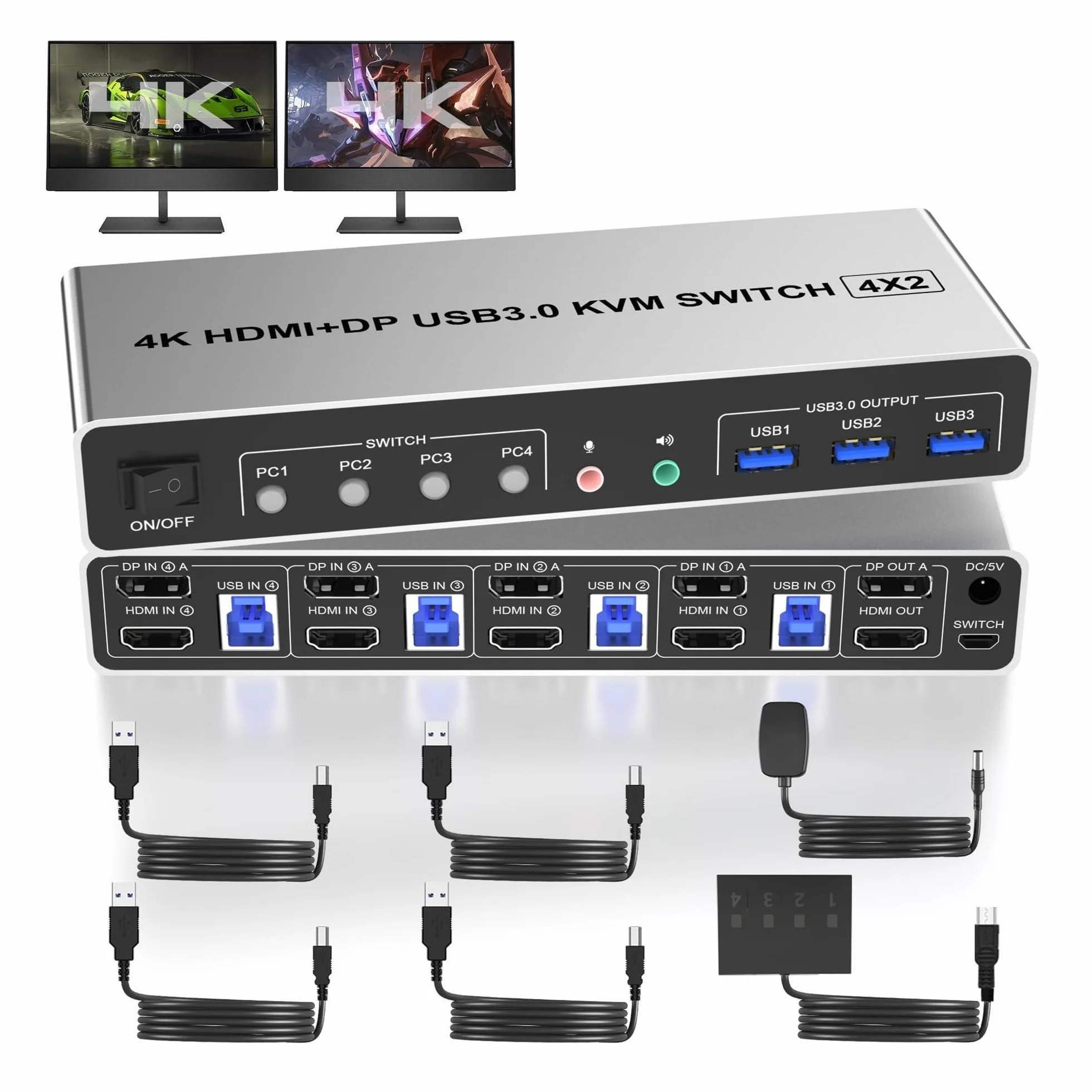 Konwertery wideo, 4K @ 60 Hz USB 3.0 Displayport + Przełącznik KVM 2 monitory 4 komputery, 4-portowy podwójny monitor + DP Przełącznik monitora dla 4 komputerów