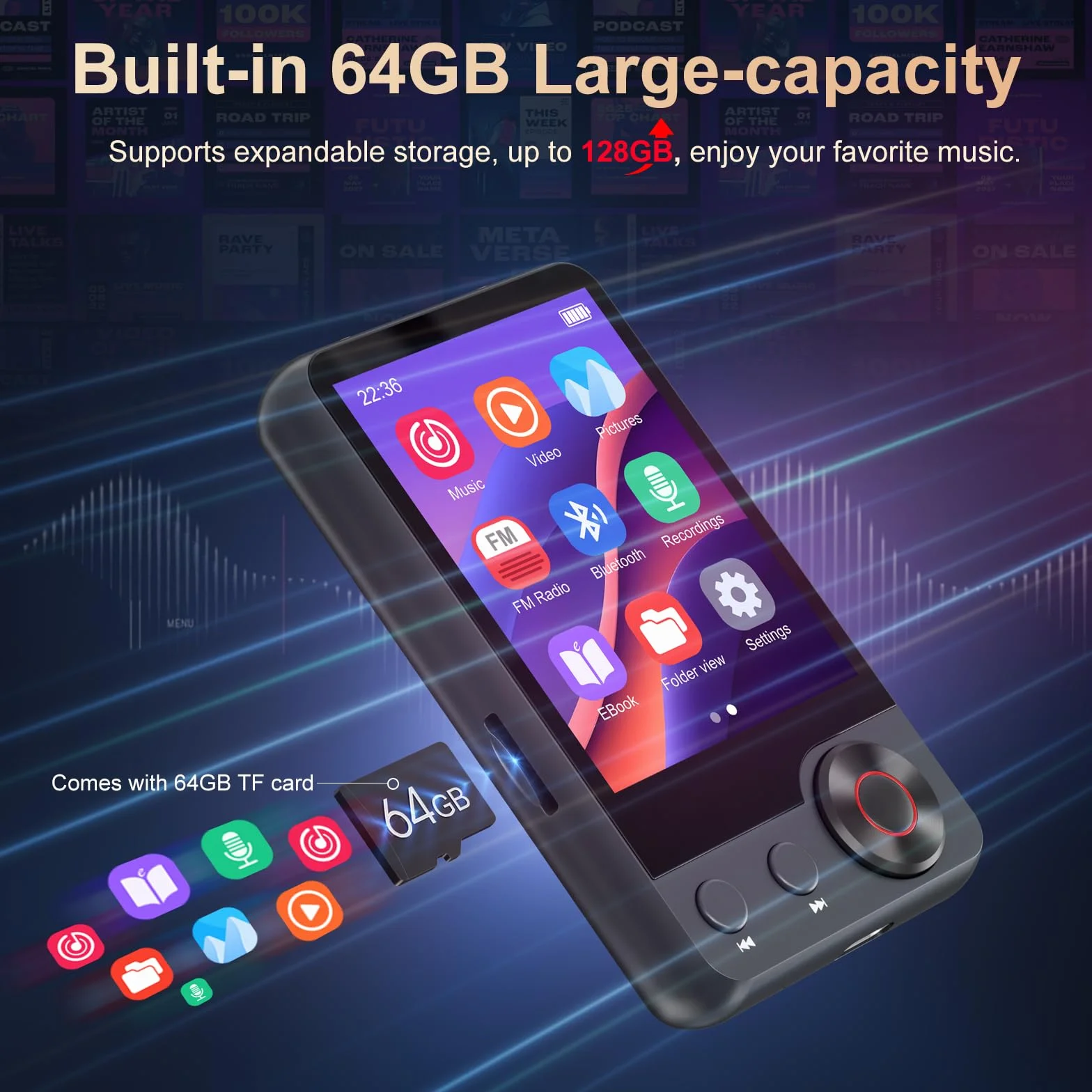 Odtwarzacz MP3 128 GB z Bluetooth 5.3, Przenośny odtwarzacz muzyczny z pełnym 2,4 cala, odtwarzacz MP3 z radiem FM, nagrywaniem głosu, słuchawkami