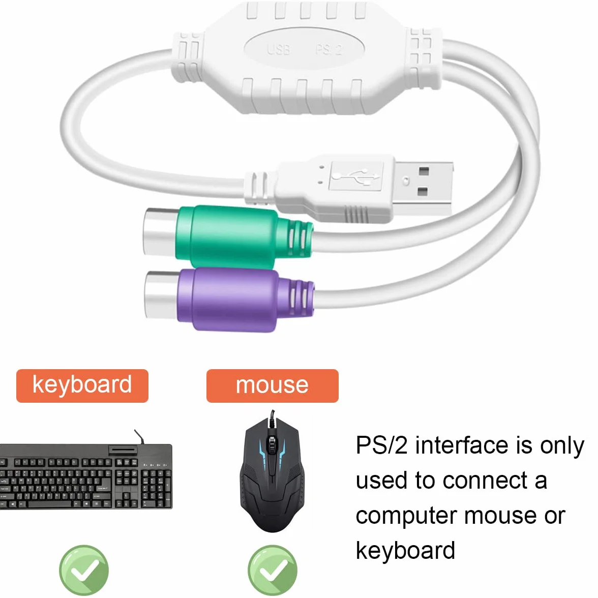 Xiatiaosann PS2 na USB A adapter kabel klawiatura mysz adapter przewód PS/2 męski na USB A wtyczka męska do myszy i klawiatury, zamiennik adaptera myszy PS2, 2 szt