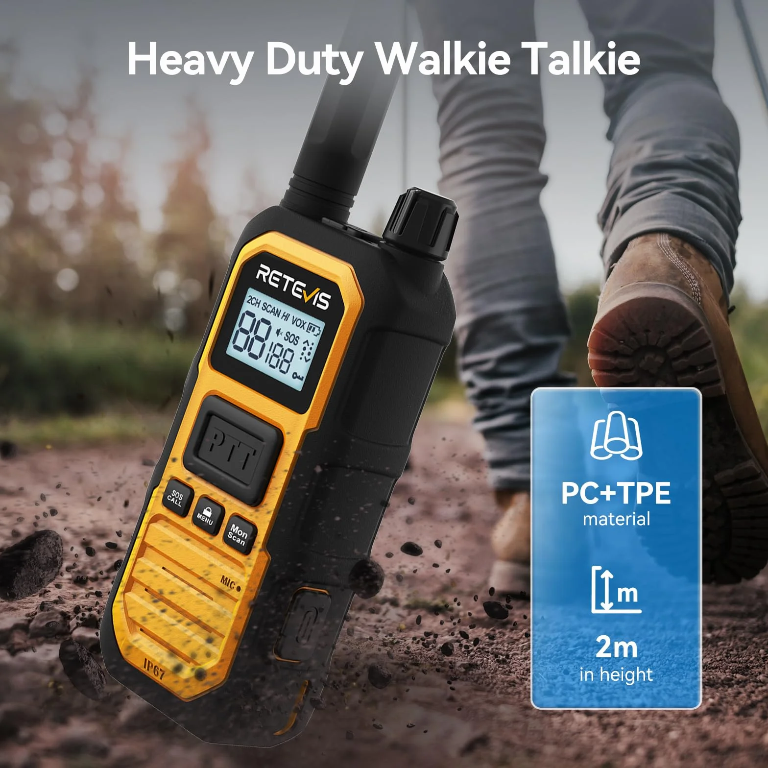 Retevis RB648 Plus Walkie Talkie Dalekiego Zasięgu, Wodoodporne Portofony IP67, 2000 mAh, Typ C, Ręczny Walkie Talkie do Trudnych Warunków (4 Szt. Żółty)