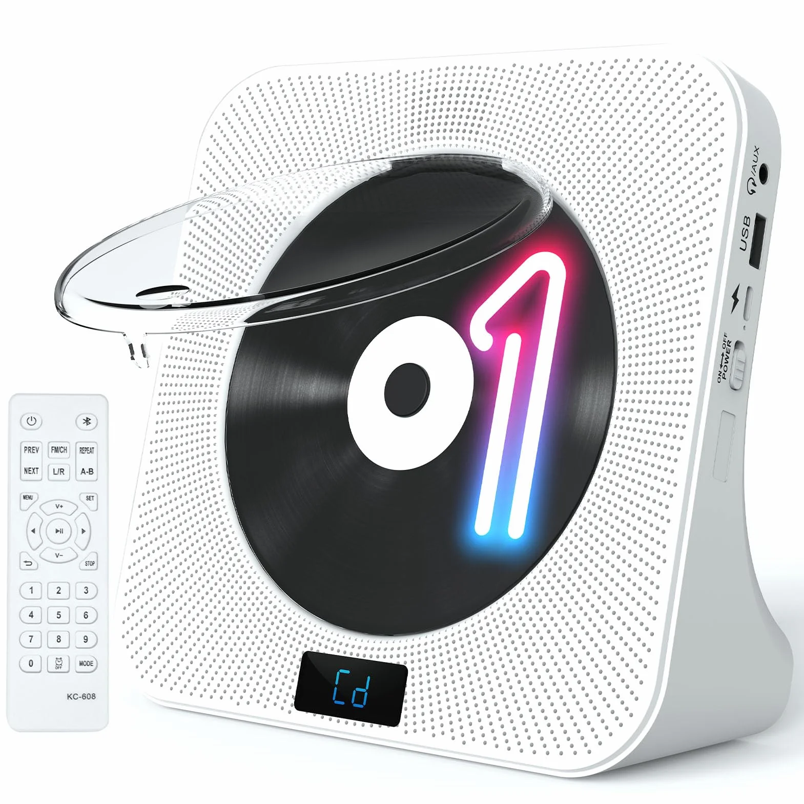 Przenośny odtwarzacz CD Jimwey z głośnikami HiFi, radio FM, pilot zdalnego sterowania, ekran LED, obsługa płyt CD/Bluetooth/USB/AUX, biały odtwarzacz CD na prezent