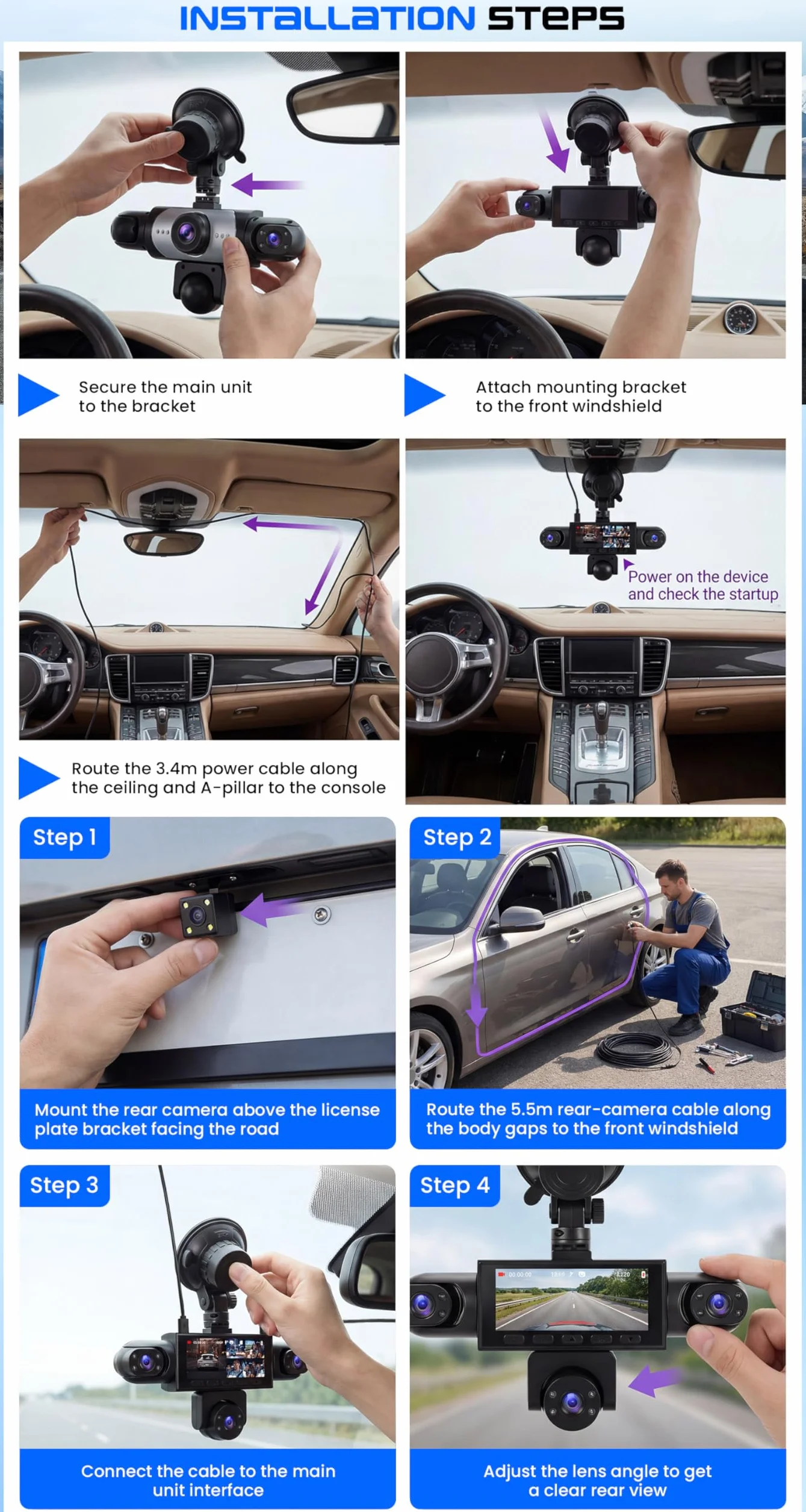 CAMECHO 5-kanałowa dashcam z widzeniem nocnym 1080P obrotowa o 360° kamera samochodowa przód i tył 3,16″ tryb postojowy asysta przy cofaniu nagrywanie cykliczne wykrywanie ruchu