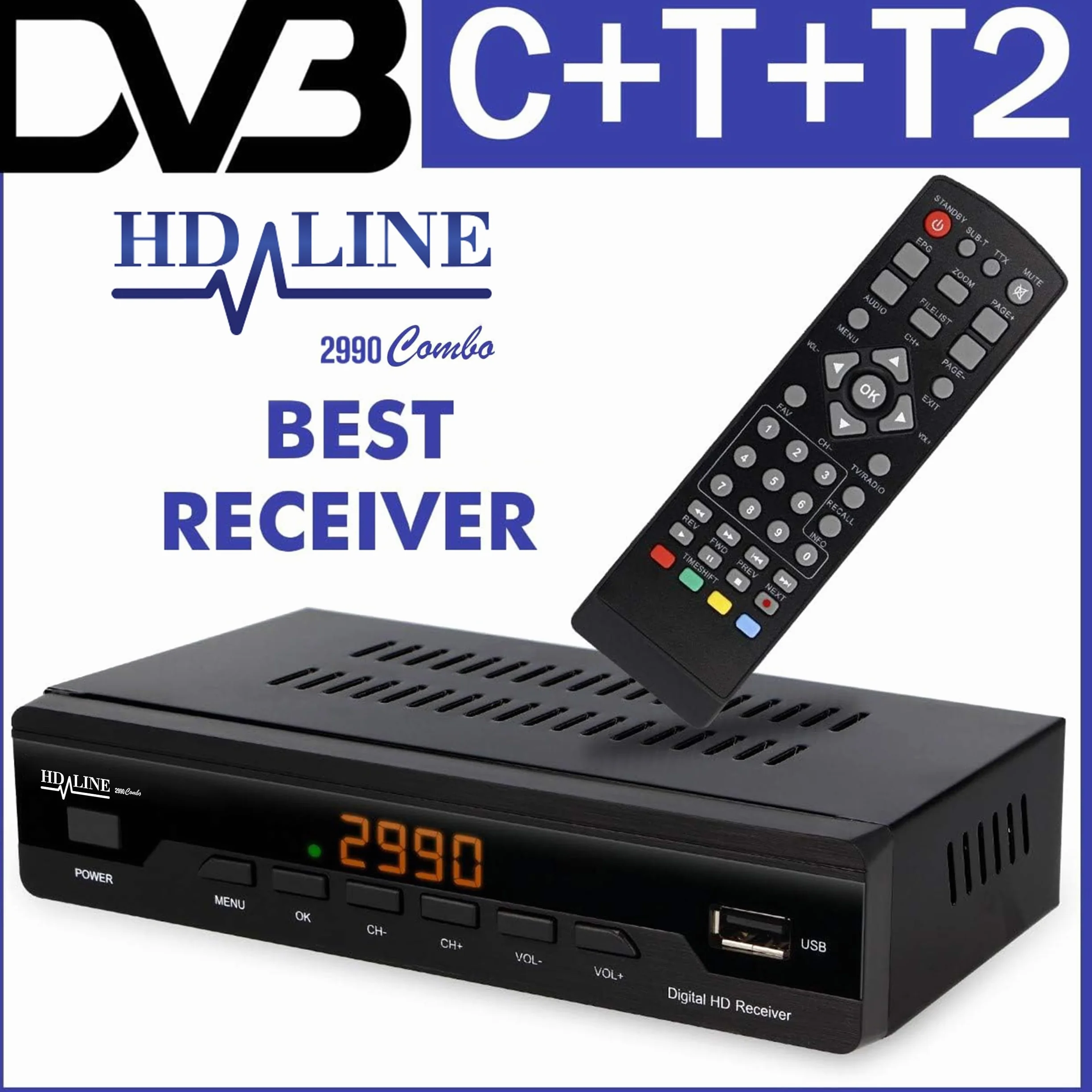 Odbiornik kablowy do telewizji cyfrowej 2990 Combo DVB-C (HDTV, DVB-C / C2, DVB-T/T2, HDMI, SCART, USB 2.0, WLAN opcjonalnie) + kabel HDMI