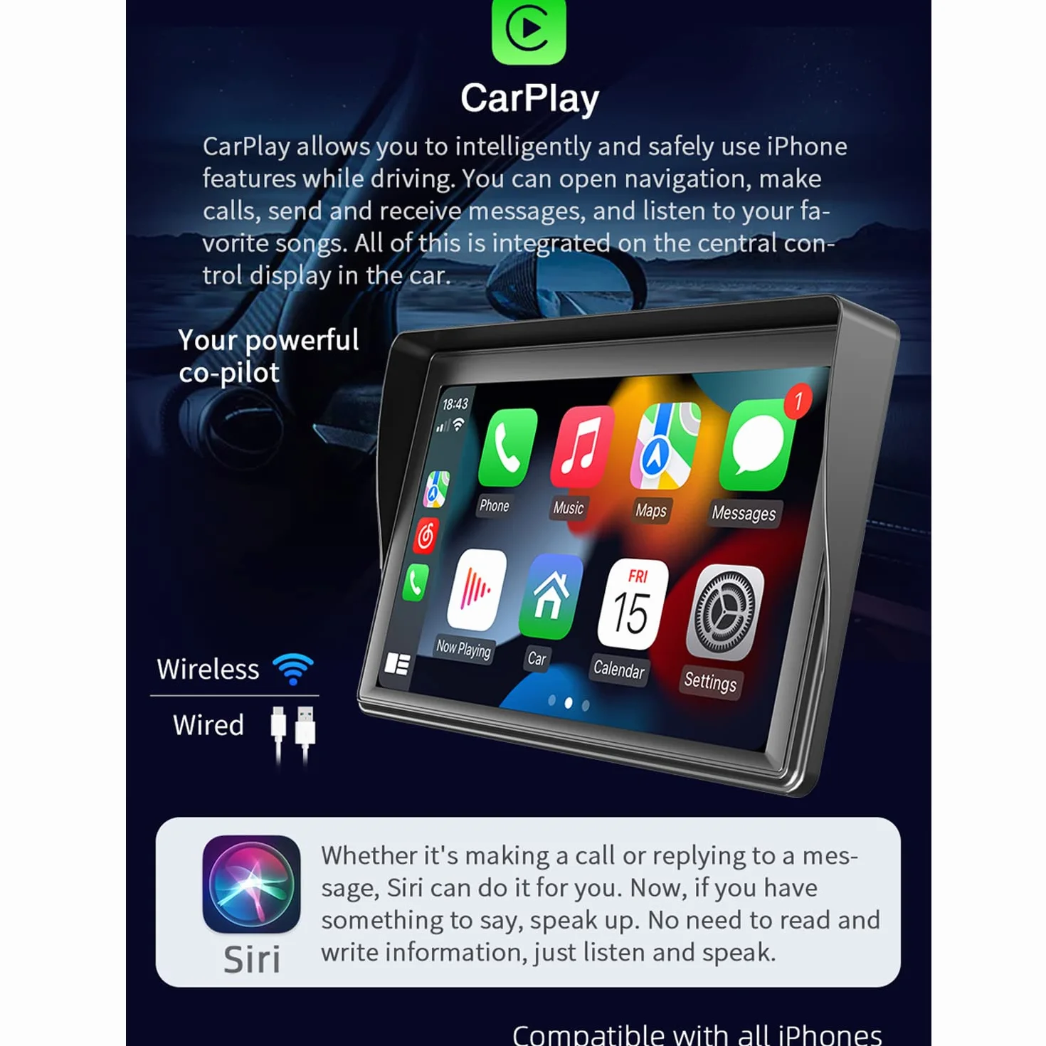 Compatible for bezprzewodowym Carplay Android Auto Przeno?ny monitor samochodowy, 7" ekran dotykowy stereo z kamer? cofania Transmiter Bluetooth FM AUX/USB/TF 9V-36V Pilot zdalnego sterowania