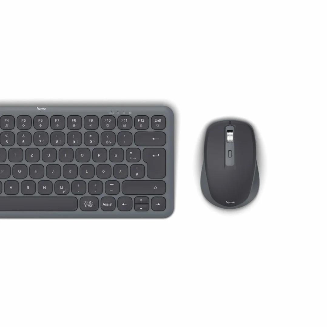 Hama Zestaw bezprzewodowej klawiatury i myszy (klawiatura wielofunkcyjna i mysz z Bluetooth/radiem, do komputera, smartfona, tabletu, mały, z bateriami, ciche klawisze scissort, klawisze