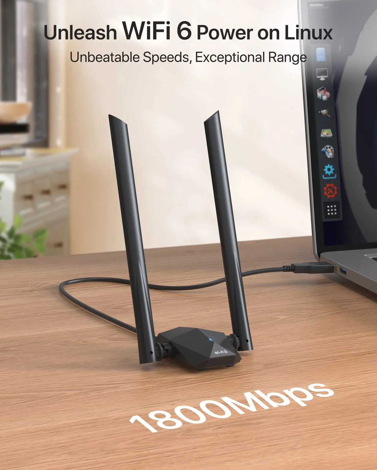 BrosTrend AX1800 USB WiFi 6, kompatybilny z systemem Linux, adapter WiFi Linux dla komputerów PC i Raspberry Pi 2+, obsługuje systemy Ubuntu, Mint, Debian, Kubuntu, Mate, Zorin, Windows 11/10 itp.