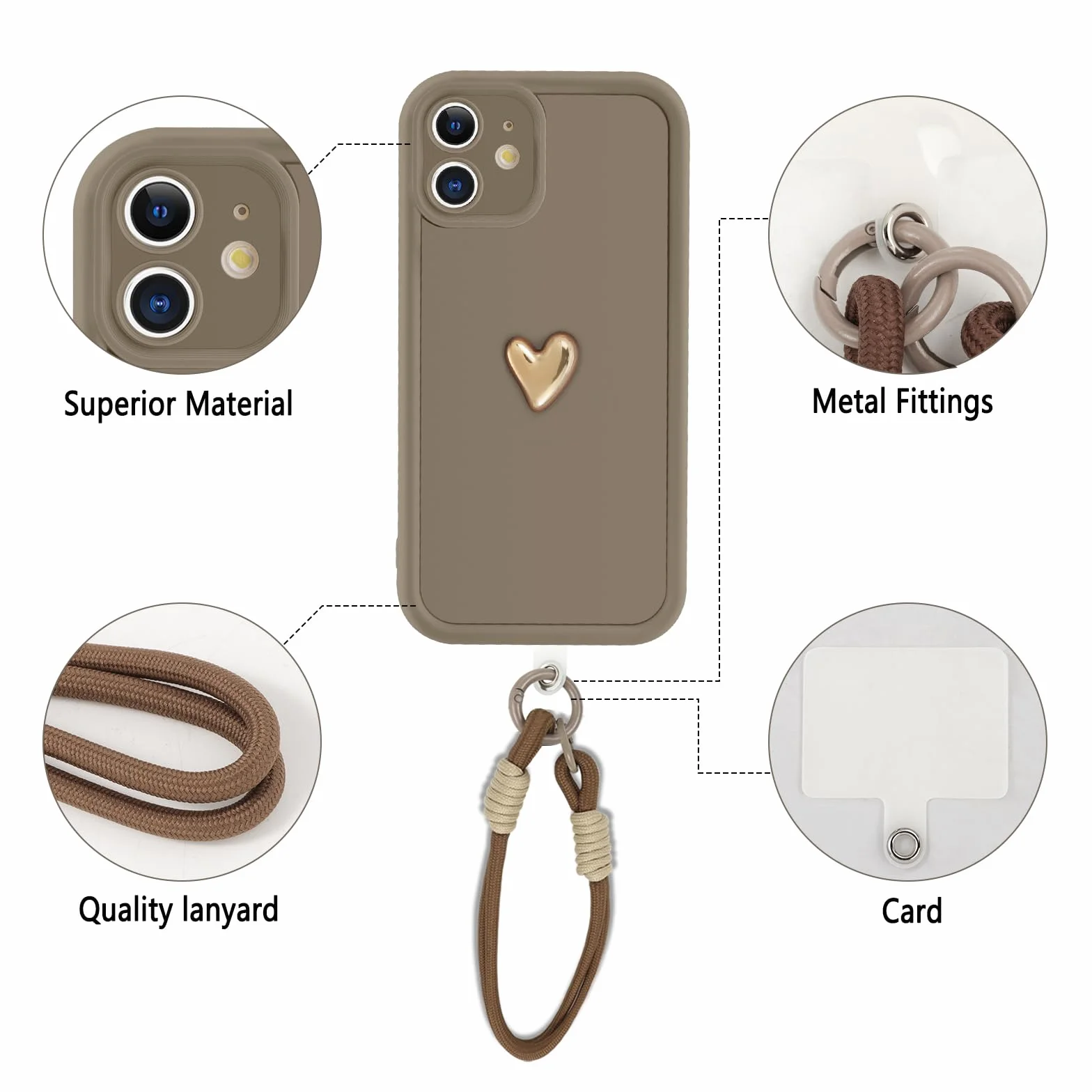Kueqeay Etui ze smyczą do iPhone'a 11 6,1 cala, miękki silikon estetyczny wzór miłość 3D wzory, uniwersalny regulowany naszyjnik, odporny na wstrząsy futerał ochronny na aparat, brązowy
