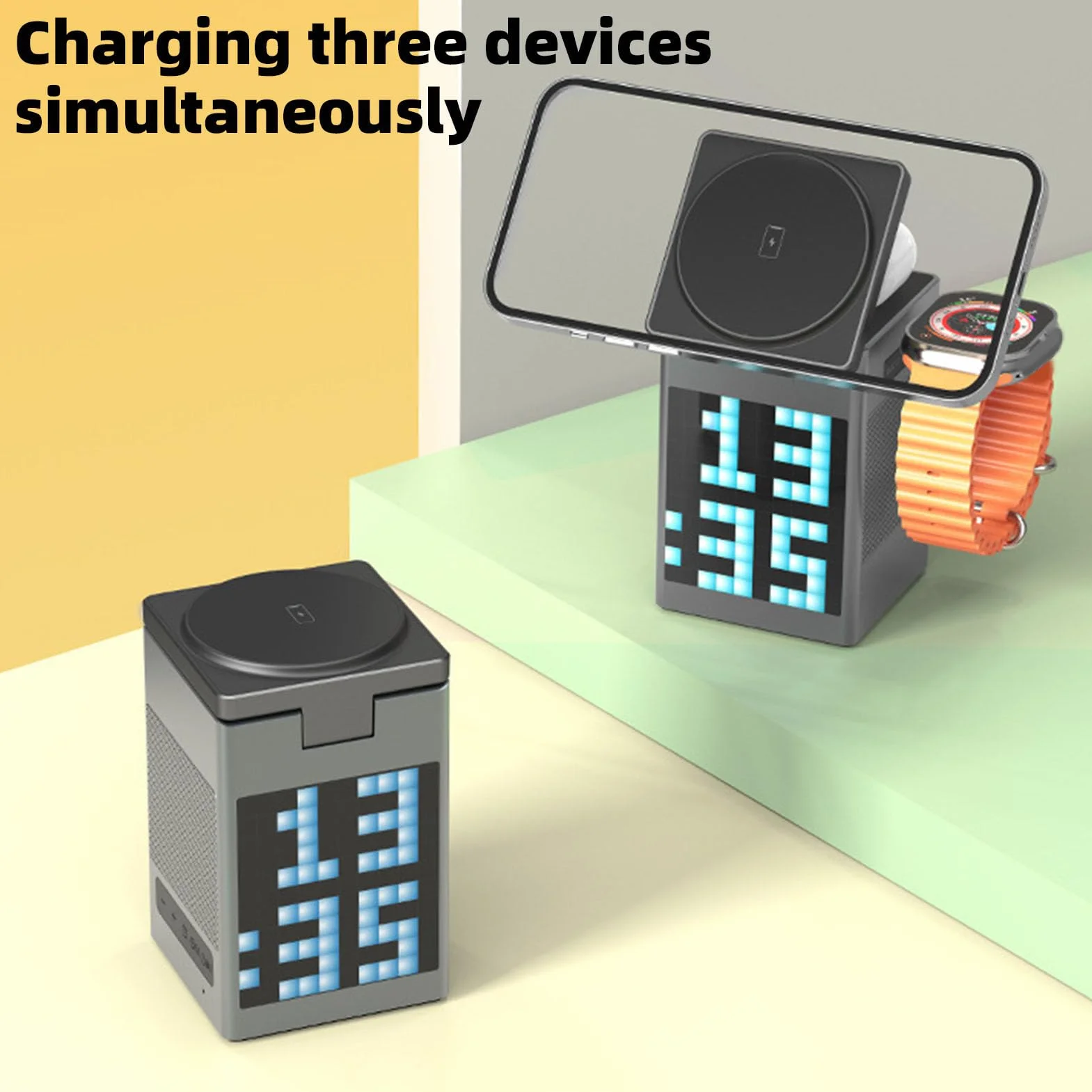 Bewinner Bezprzewodowa Stacja ładująca 6 w 1 z Głośnikiem Bluetooth, Wyświetlaczem z animacją Pikseli, Budzikiem, ładowarką do Wielu urządzeń do Słuchawek Telefonicznych i Zegarka