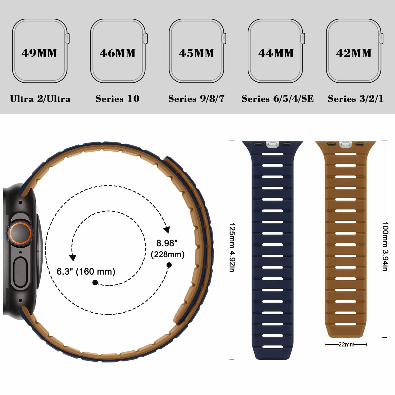 HITZEE Dwustronny dwustronny pasek magnetyczny kompatybilny z Apple Watch Band 49/46 (seria 10)/45/44/42 mm, oddychający, miękki pasek do iWatch Ultra 2 Series 10 9 8 7 SE 5 4 3 2 1