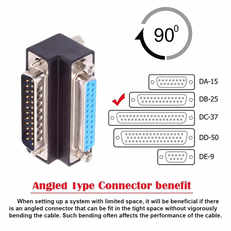 DB25pin męski nakrętka do żeńska śruba przedłużacz adapter LPT AES/EBU 90 stopni