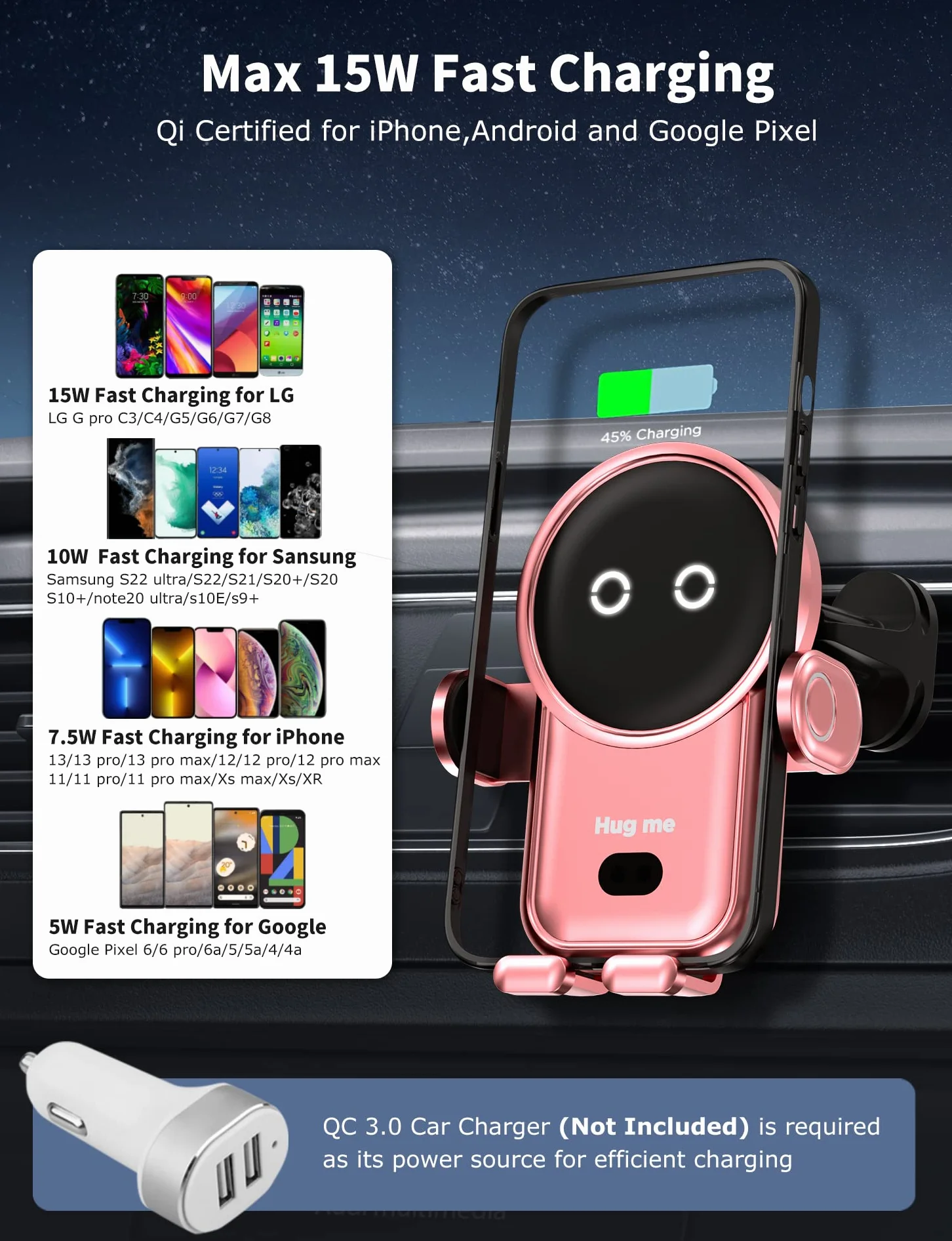 Bezprzewodowa ładowarka samochodowa, szybkie ładowanie 15 W, automatyczne zaciskanie, uchwyt na telefon komórkowy, kompatybilny z iPhone 14 Series / 14 Pro Max/13 Series/12 / 11 i wszystkimi