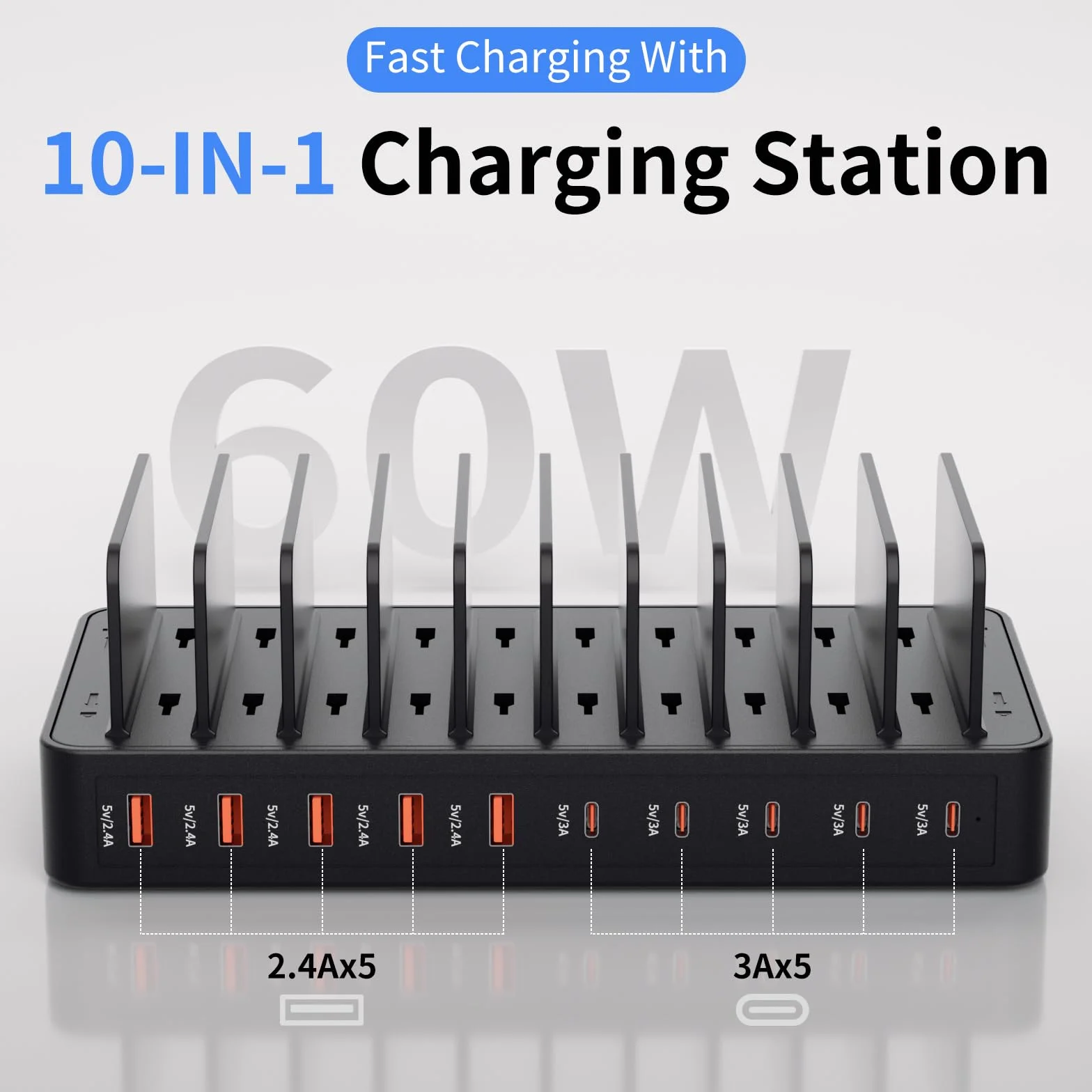 Stacja ładująca 60 W do wielu urządzeń, 10-portowa stacja ładująca USB z regulowanymi przegrodami – stacja ładująca do urządzeń iPhone, Android, iPad, tabletów i innych urządzeń