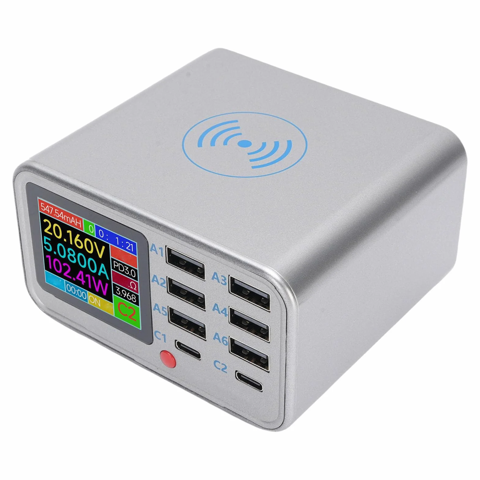 Cuifati Stacja ładowania Bezprzewodowego USB, Stacja ładowania 100W 8 Port Hub Block Cube, QC3.0 PD Szybka ładunek i Wyświetlacz Cyfrowy dla Tabletu Telefonu (przepisy europejskie)