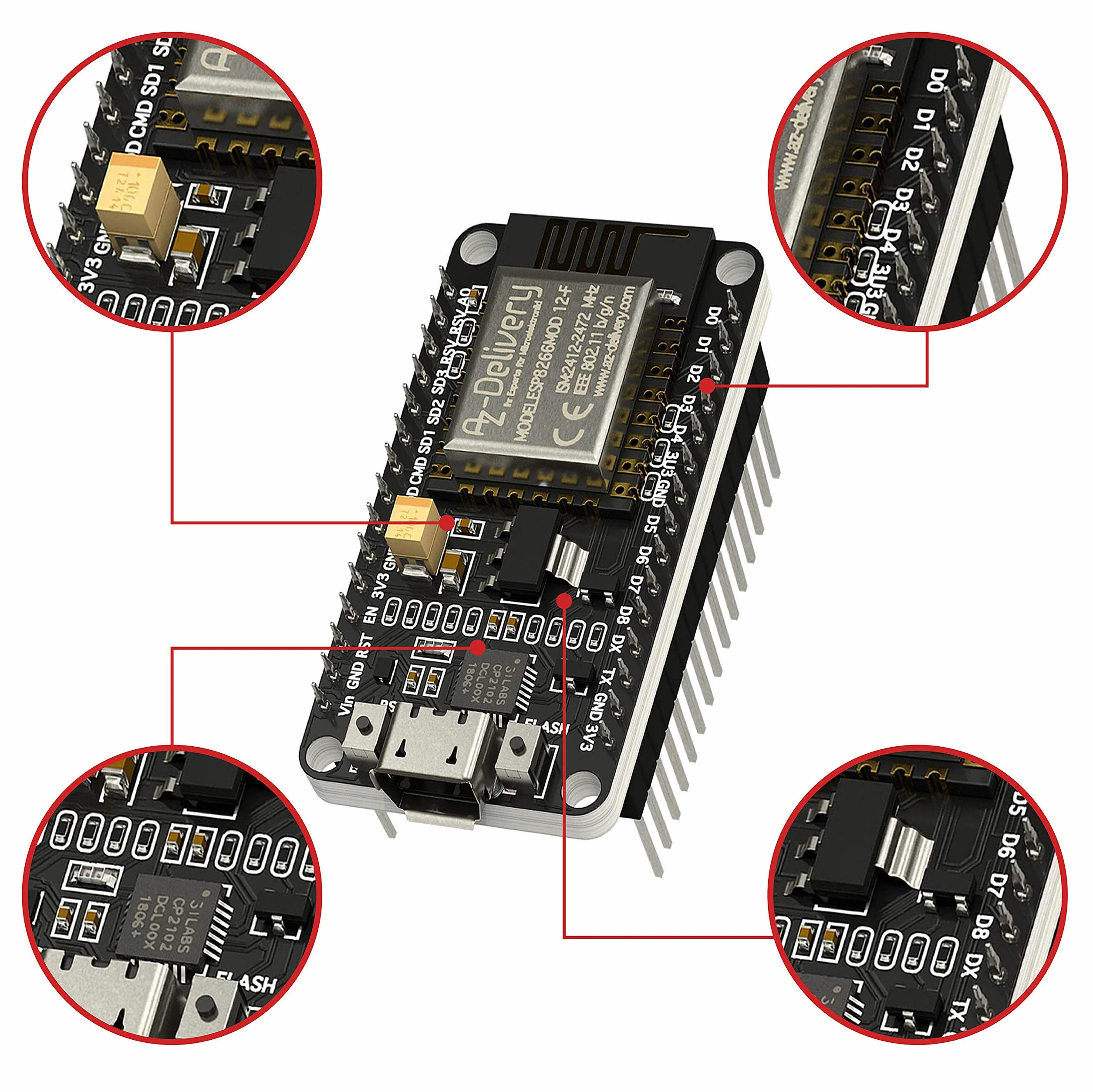 AZDelivery 3 x NodeMCU Lua Amica Module V2 ESP8266 ESP-12F WIFI Wifi Development Board z CP2102 kompatybilny z Arduino w tym e-Book!