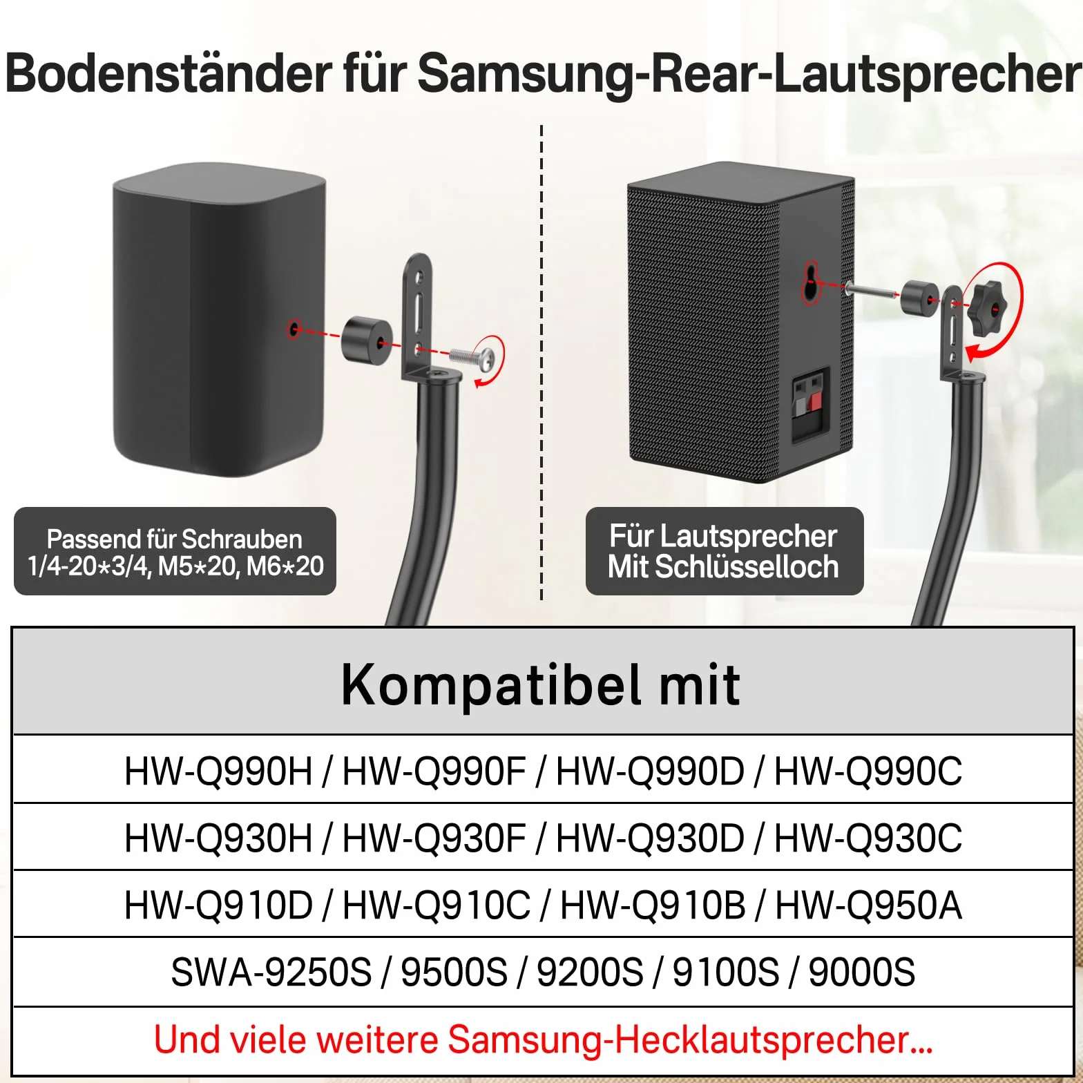 Regulowane stojaki na głośniki tylne dla Samsung z uchwytem ściennym – rozsuwane od 84 cm do 107 cm, stojaki dla Samsung z systemem zarządzania kablami, para