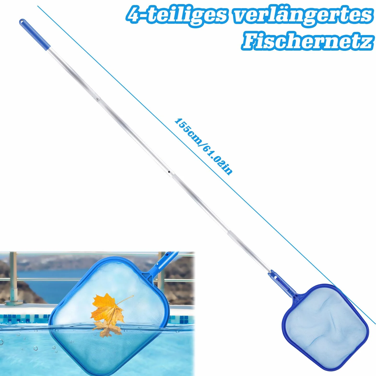 Podbierak do basenu z drążkiem teleskopowym: 155 cm, skimmer basenowy, podbierak do czyszczenia stawu, podbierak do basenu, spa, stawów, jacuzzi
