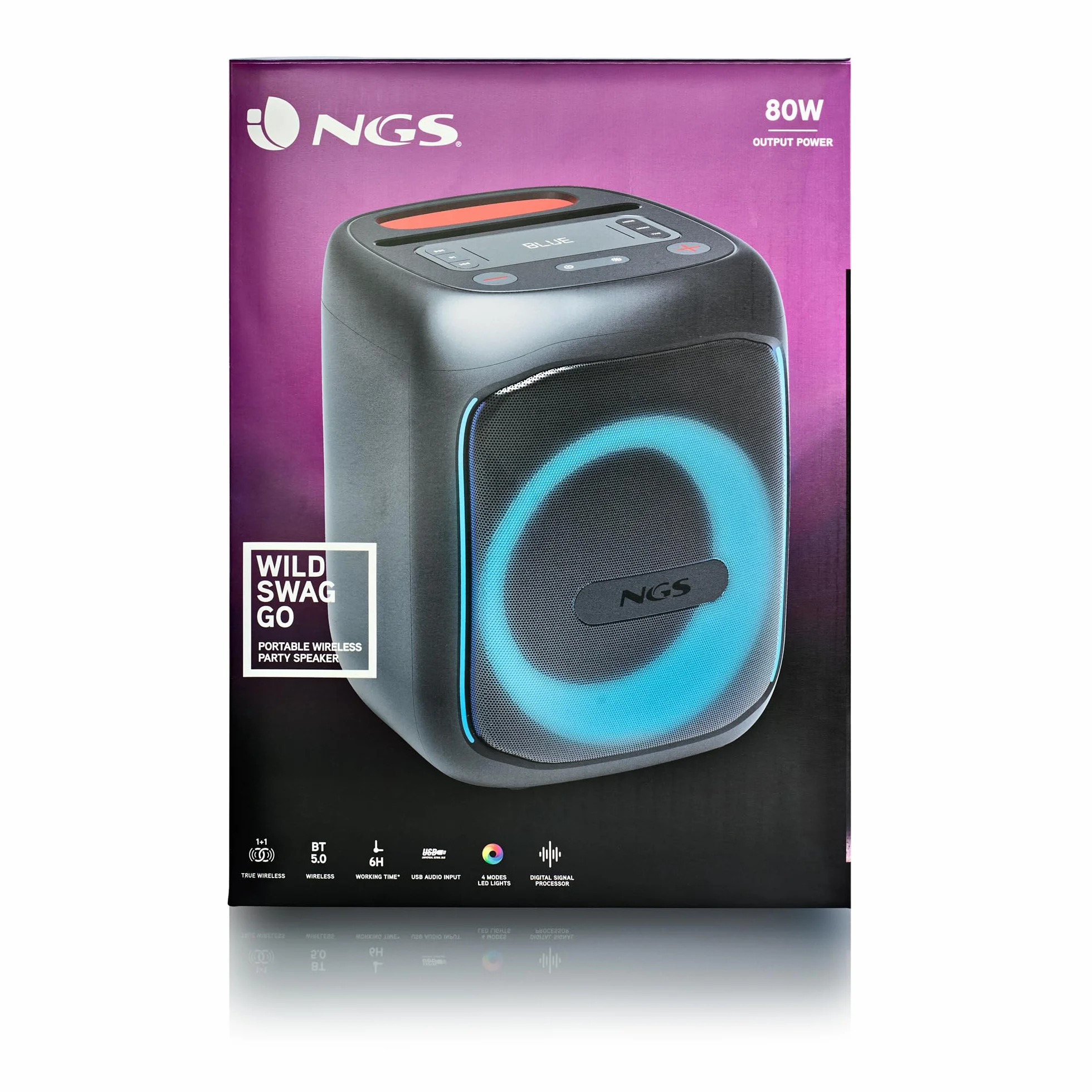 NGS Wild Swag Go przenośny głośnik, kompatybilny z technologią Bluetooth 5.0, True Wireless Stereo, diody LED i ekran, wejście USB, TF i Aux-Audio, 24 x 23 x 30 cm, 80 W, kolor