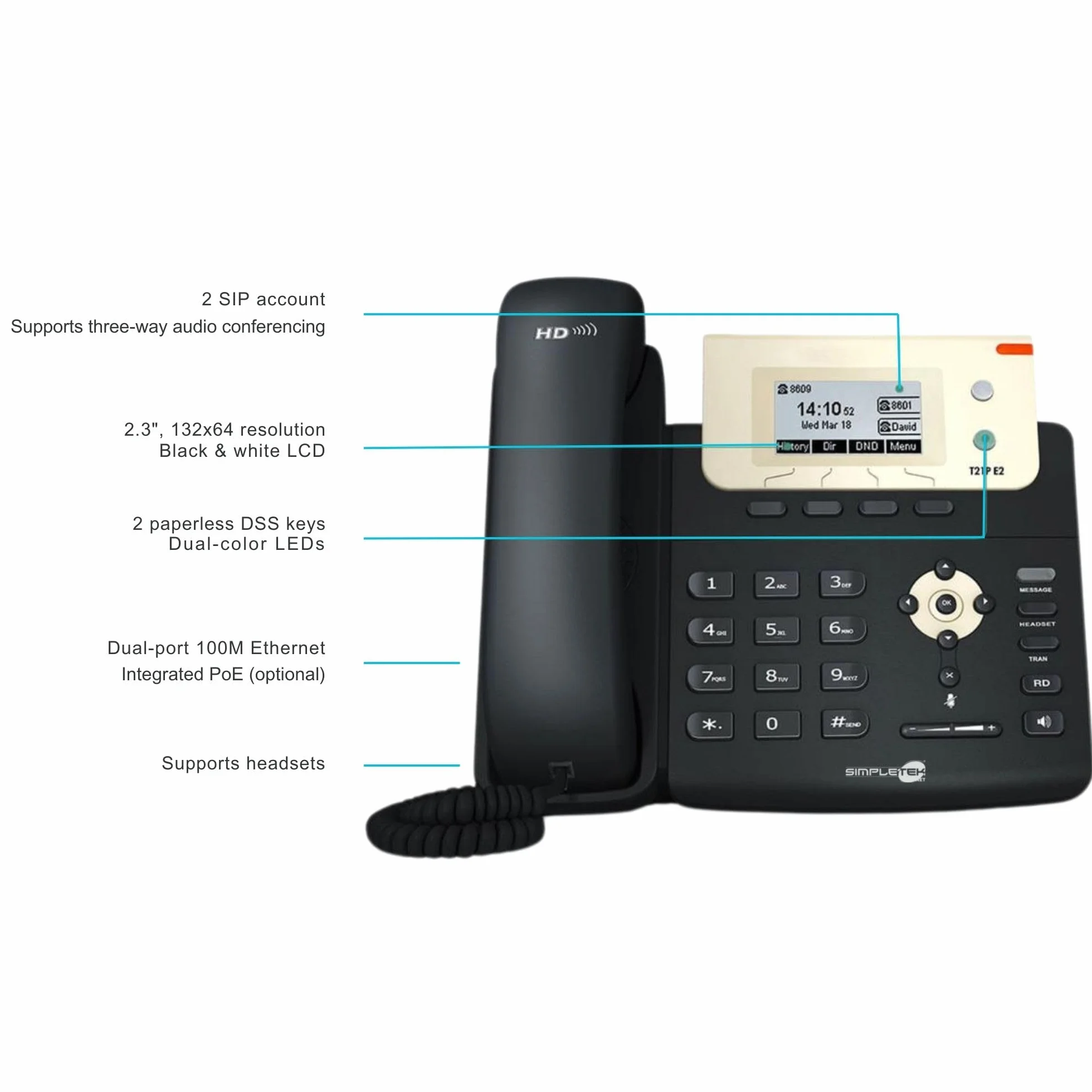 SIMPLETEK - Profesjonalny telefon IP PoE | 2 x konto SIP | HD Audio | podświetlany wyświetlacz | bez zasilacza (odnowiony)