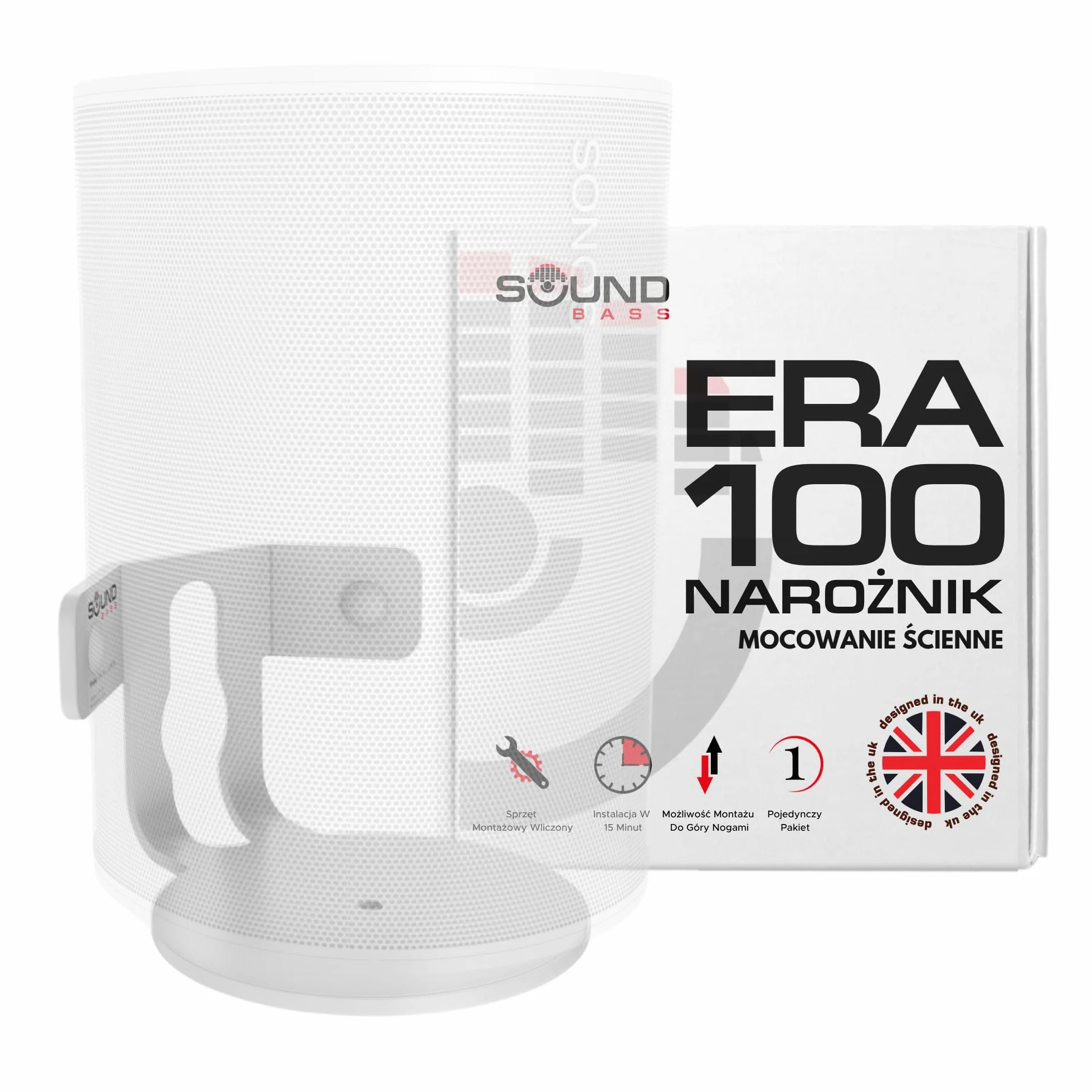 Sound Bass ERA 100 Uchwyt Ścienny Narożny - Niski Profil, Biały, Pojedynczy (1 szt.), Kompletny ze Wszystkimi Elementami Montażowymi, Kompatybilny z Głośnikiem Sonos ERA100 i ERA 100 SL