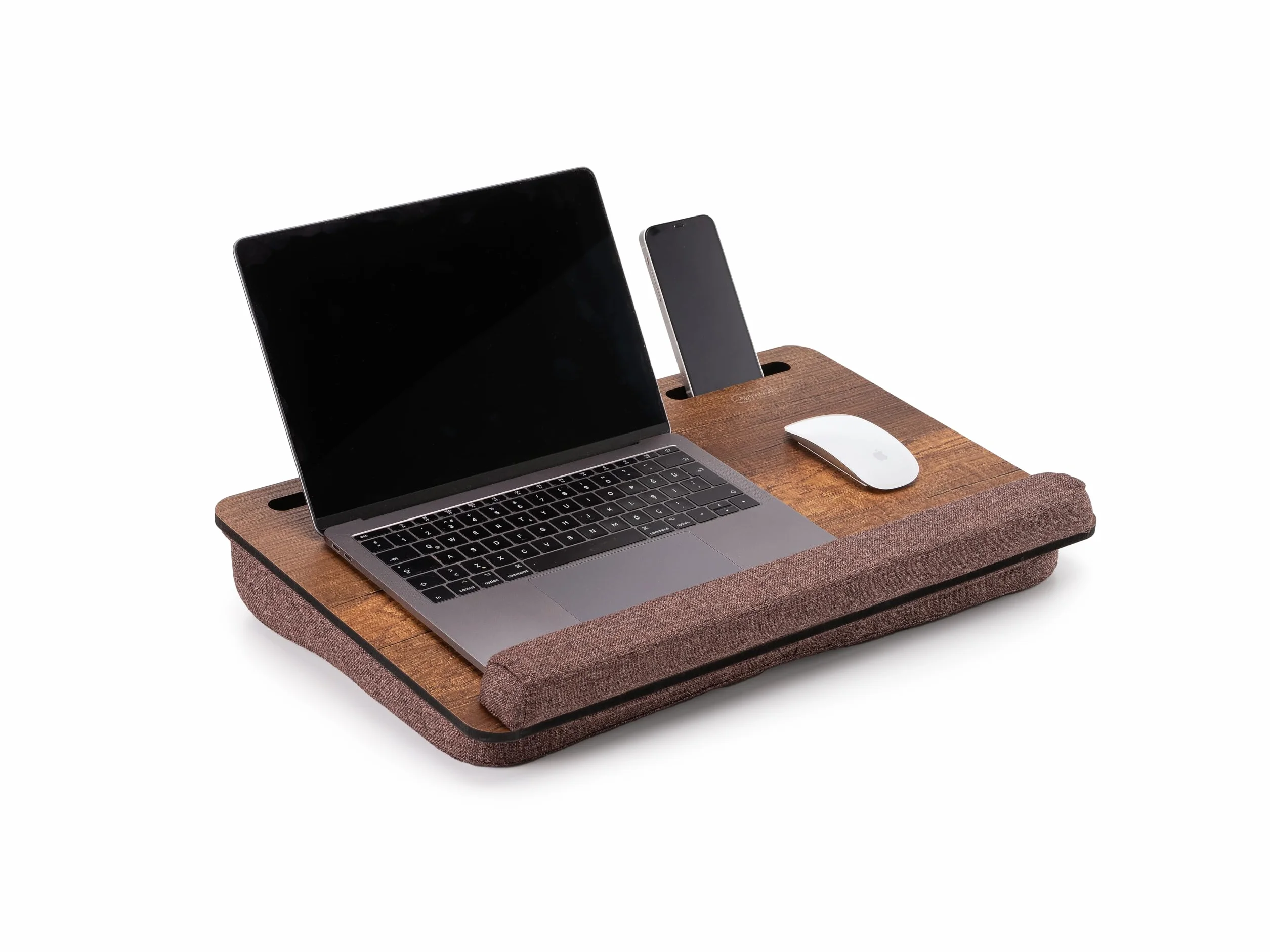 Vigo Wood Drewniane Biurko na Laptopa z Poduszką, do 17,3'', Przenośny Stolik z Uchwytami na Tablet i Telefon (Orzech i brązowy)