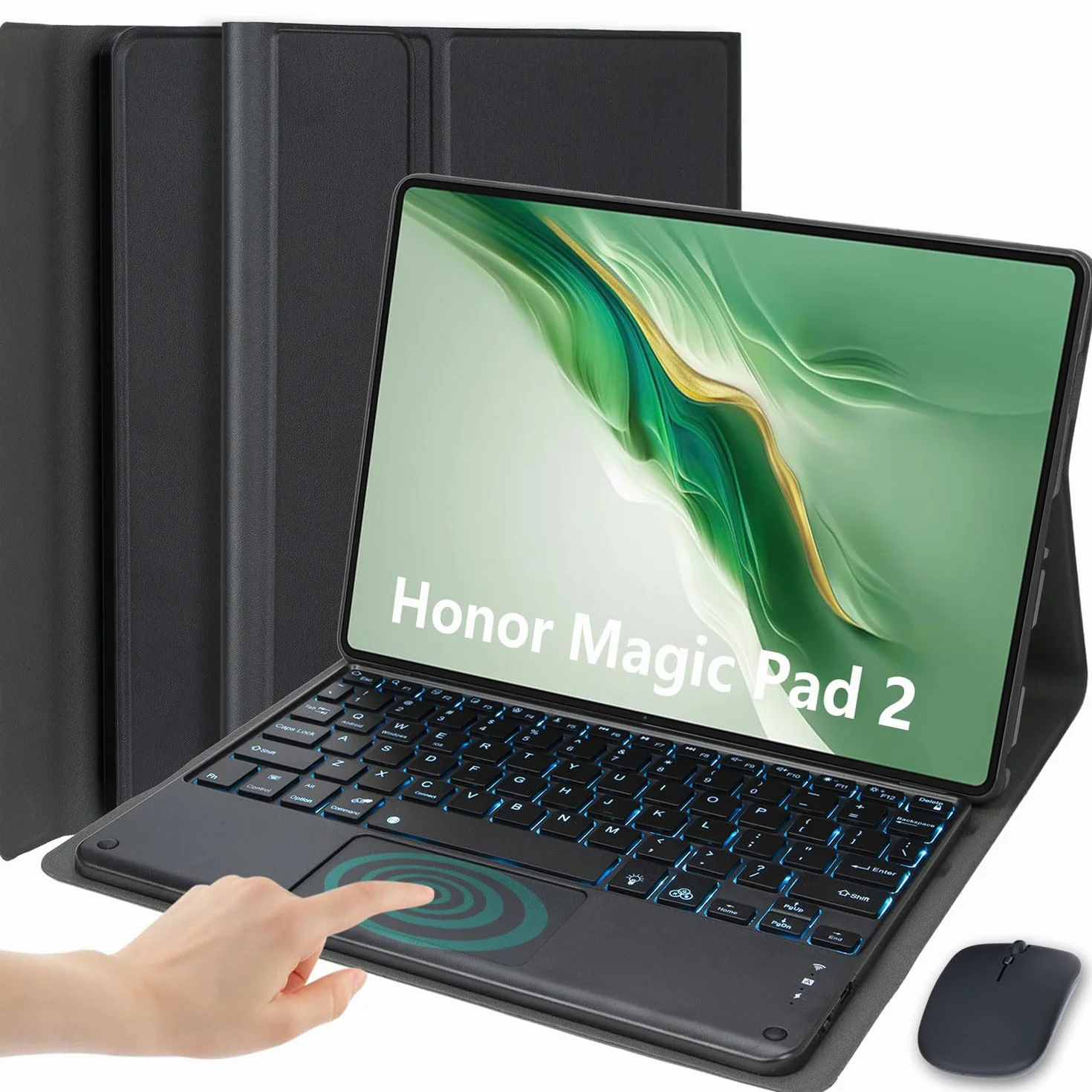 Keyboard Case for Honor Magic Pad 2 12,3 cala tabletu, 7-kolorowe podświetlenie, odłączana bezprzewodowa klawiatura z panelem dotykowym, ultracienkie i lekkie etui folio z myszką,Black
