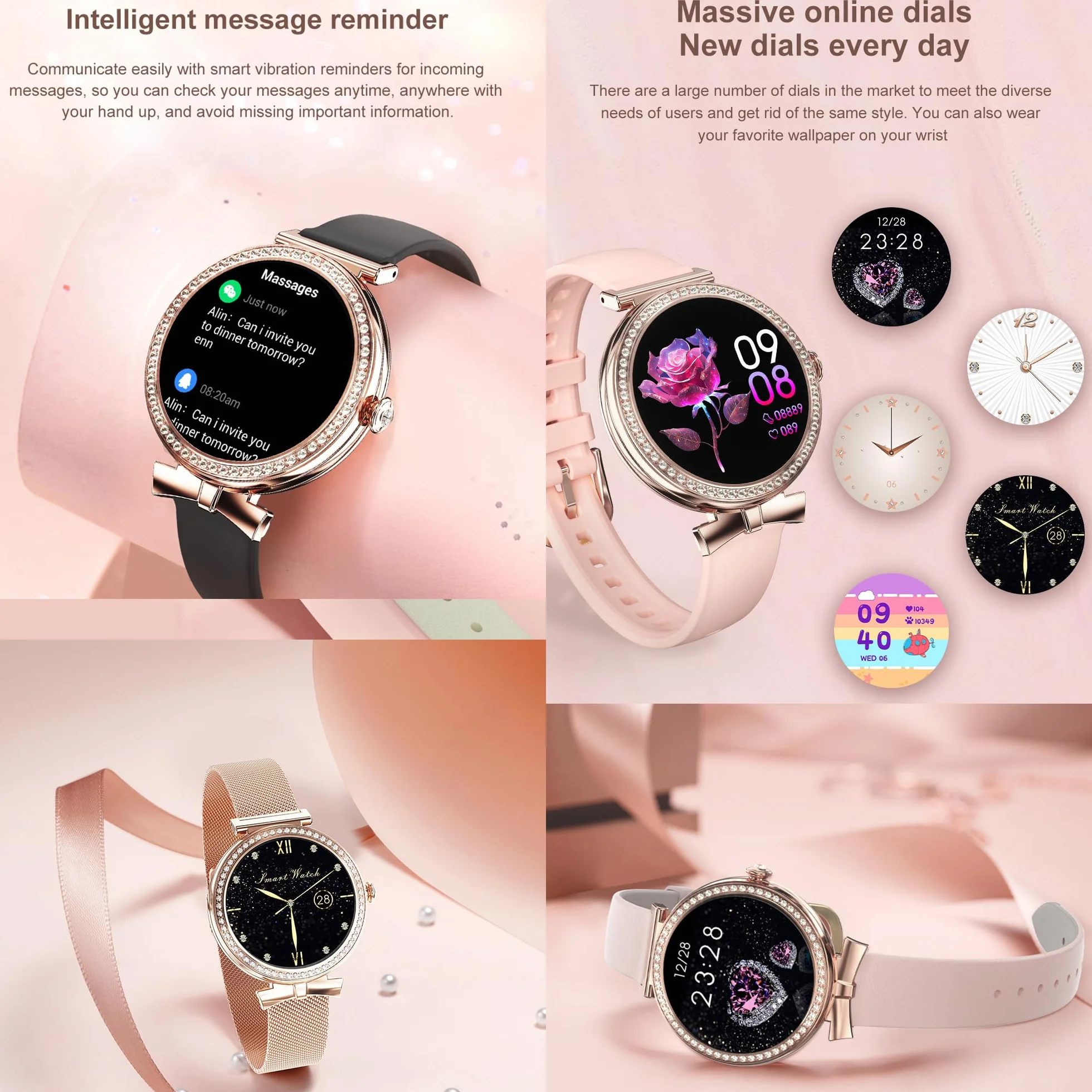 Smartwatche Kobiety z Funkcje Telefonu Bluetooth, Sportowy Diamanti Smart Watch 1,2 AMOLED ze 123 Sportowymi, Odtwarzaczem Muzycznym, Pomiarem Tętna, Wodoodpornością IP68 dla Android iOS (Złoto)