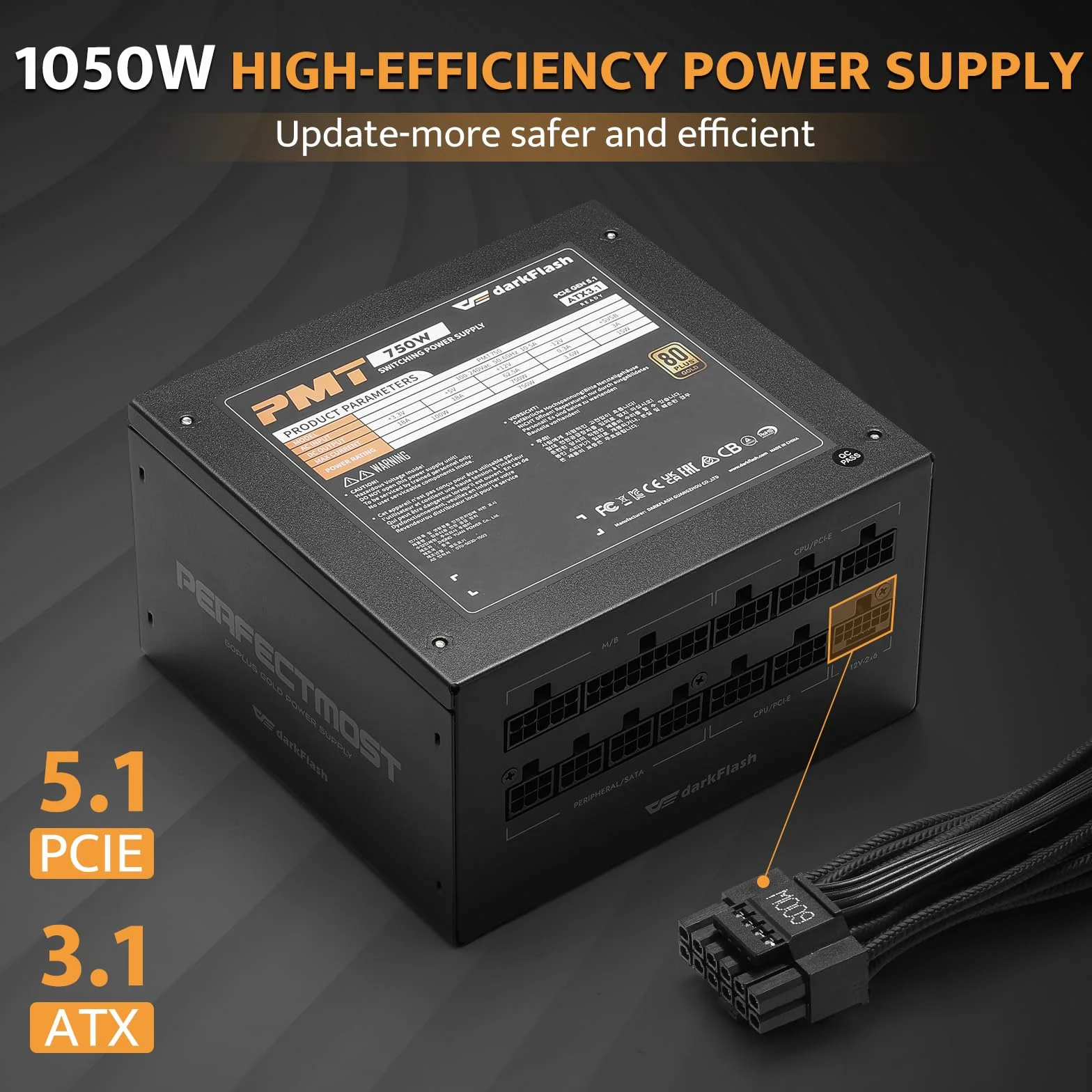 darkFlash PMT1050 w pełni modułowy zasilacz ATX 3.1 i PCIe 5.1 Ready, kabel 12VHPWR w zestawie, 100% japońskie kondensatory 105°C, 80 Plus Gold Gaming PSU, kompaktowy rozmiar 150 mm, 5 lat