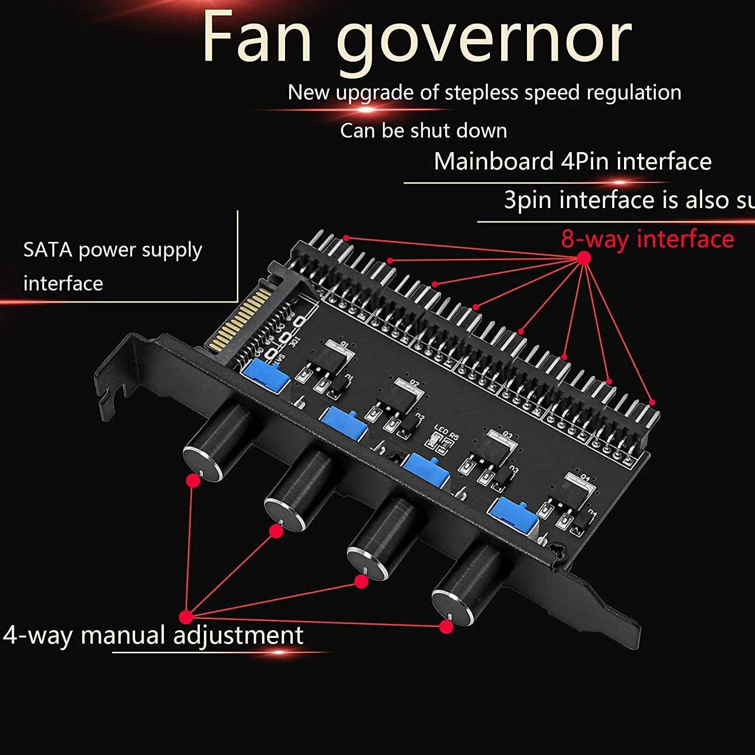 SinLoon 4-gałkowy regulator prędkości wentylatora chłodzącego PC 8 kanałów koncentrator wentylatora do obudowy procesora HDD VGA PWM wentylator PCI wspornik 12 V zasilanie wentylatora interfejs SATA/4