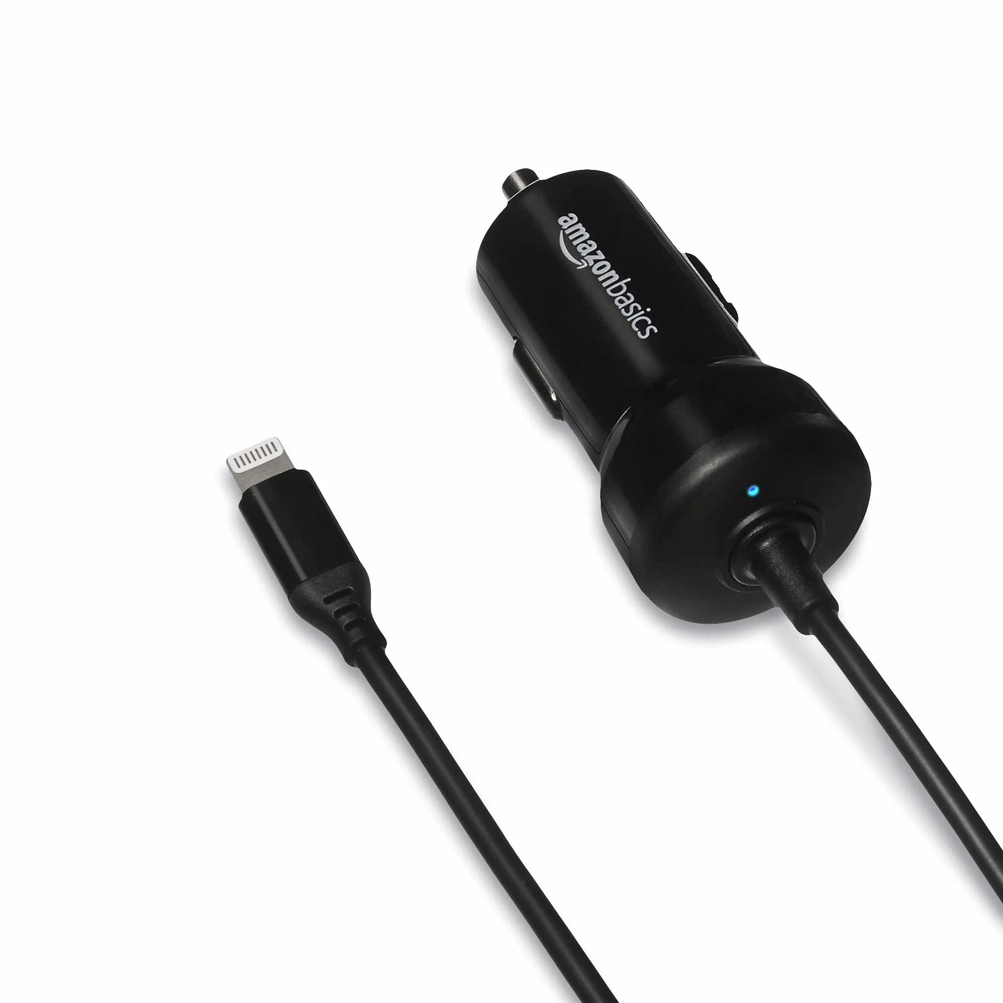 Amazon Basics – ładowarka samochodowa ze złączem Lightning, kabel prosty, 5 V, 2,4 A, 0,91 m, czarny.