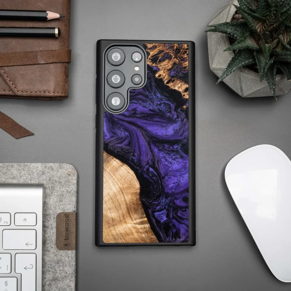 Unikalne etui kompatybilne z Samsung Galaxy S23 Ultra, ręcznie wykonane etui ochronne z naturalnego drewna i żywicy, fioletowe, odporne na uderzenia, matowe polerowanie