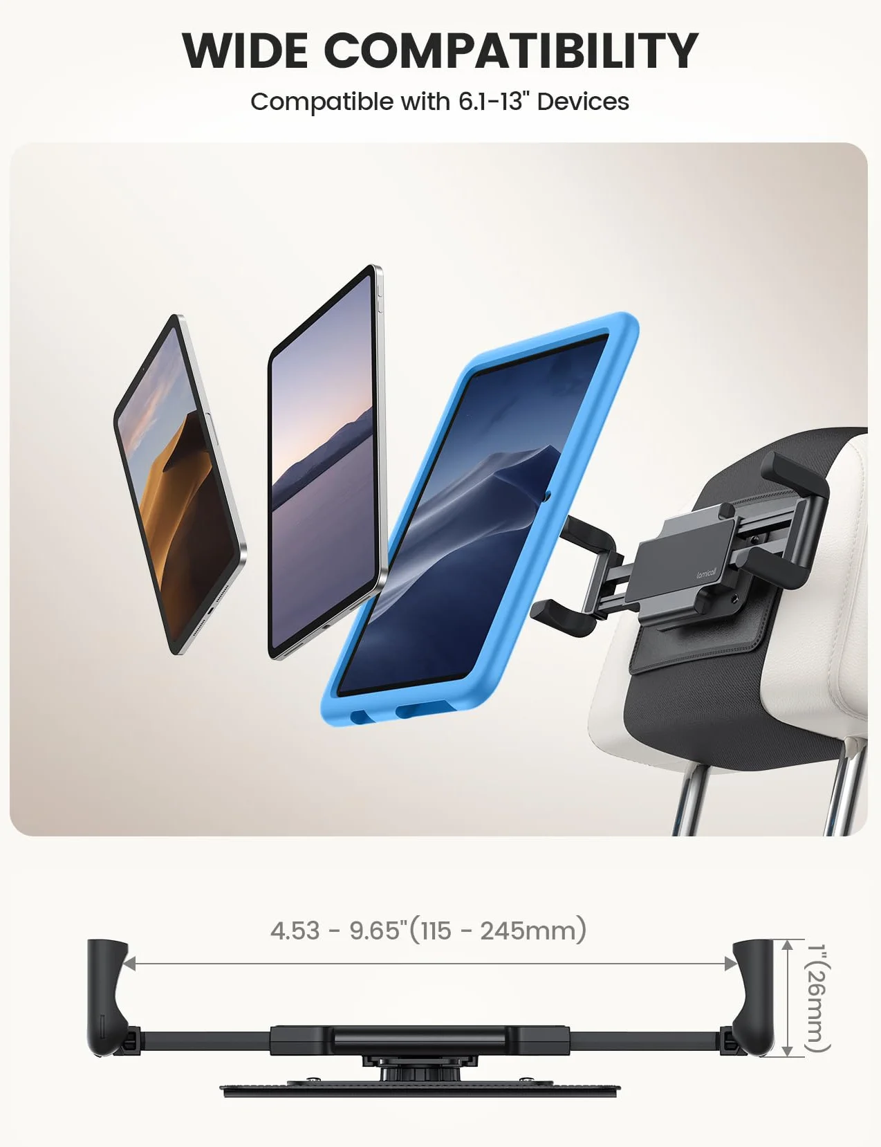 Lamicall 2 Sztuki Uchwyt na Tablet do Samochodu na Zagłówek Składany Gruby Zacisk 360° Obrotu dla iPad Pro Air Mini 6,1-13"