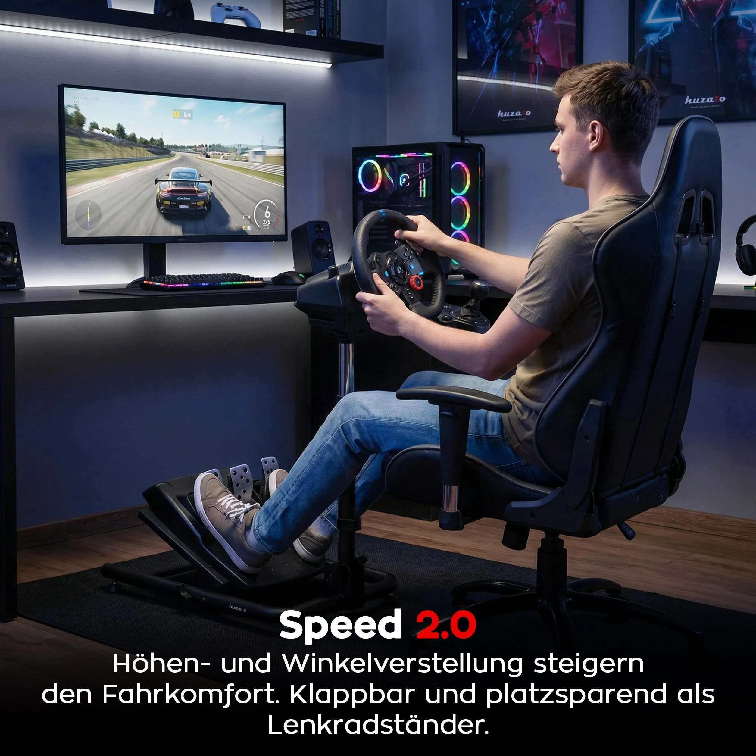 huzaro Speed 2.0, regulowany uchwyt na kierownicę wyścigową, kompatybilny z Logitech Fanatec Thrustmaster, stabilna konstrukcja stalowa, regulowana wysokość i kąt, składane, antypoślizgowe podkładki