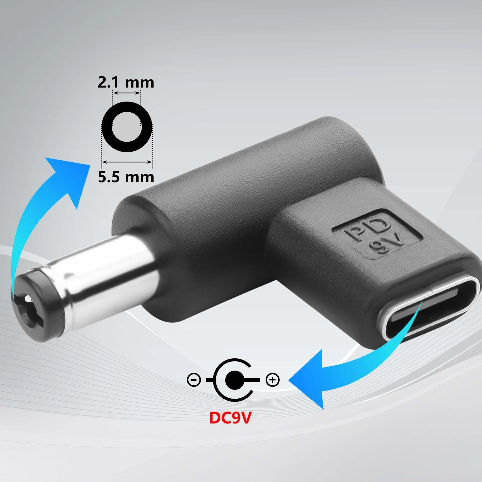 GINTOOYUN 2 szt. 9V DC Adapter złącze zasilania 90 stopni kąt żeński USB C na męski konwerter DC 5,5 mm X 2,1 mm (9V)