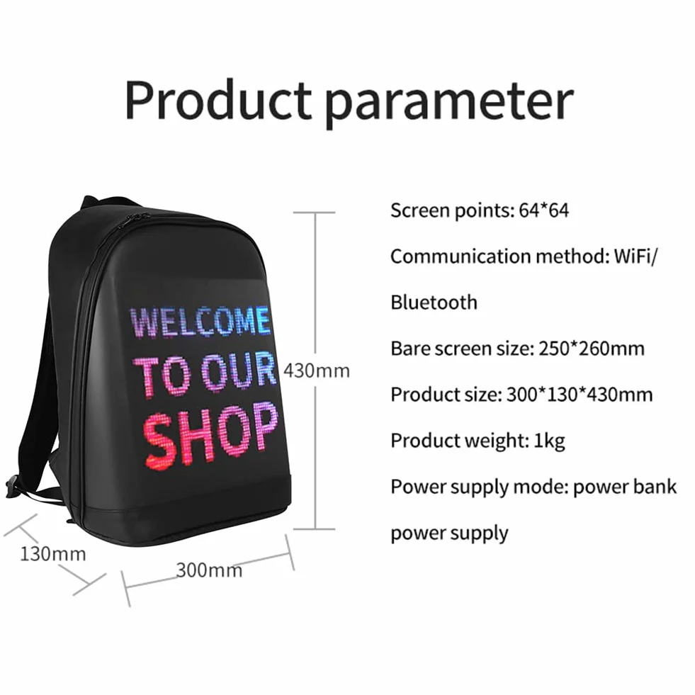 Torba Smart na Laptop z LED, Bezprzewodowa Kontrola WIFI, Kolorowy Ekran, Lekka, Reklama, Plecak BillBoard