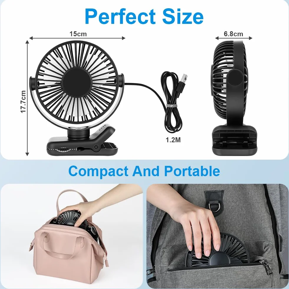 AXFEE wentylator USB, mini wentylator stołowy, cichy, z klipsem, wentylator obrotowy 360°, 3 prędkości, silny wiatr, wentylator stołowy, do domu, biura, sypialni, stołu, pulpitu