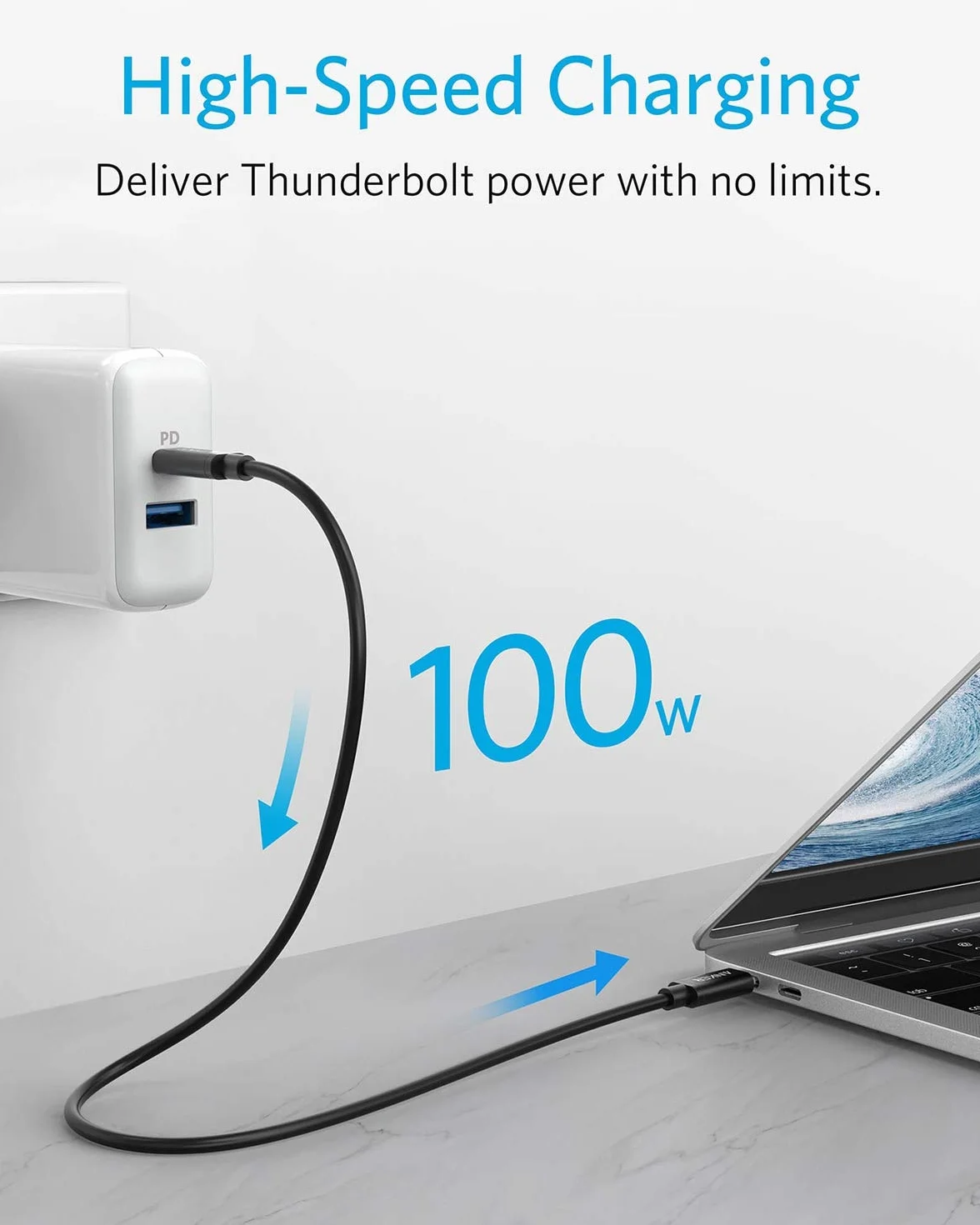 Anker Thunderbolt 3 Cable 50 cm, USB C to USB C, Supports 100 W Super Fast Charging and Rapid Data Transfer, for iPhone 16/15 Series, MacBook Pro/Air, iPad Pro/Air, Pixel, Huawei, Matebook etc.