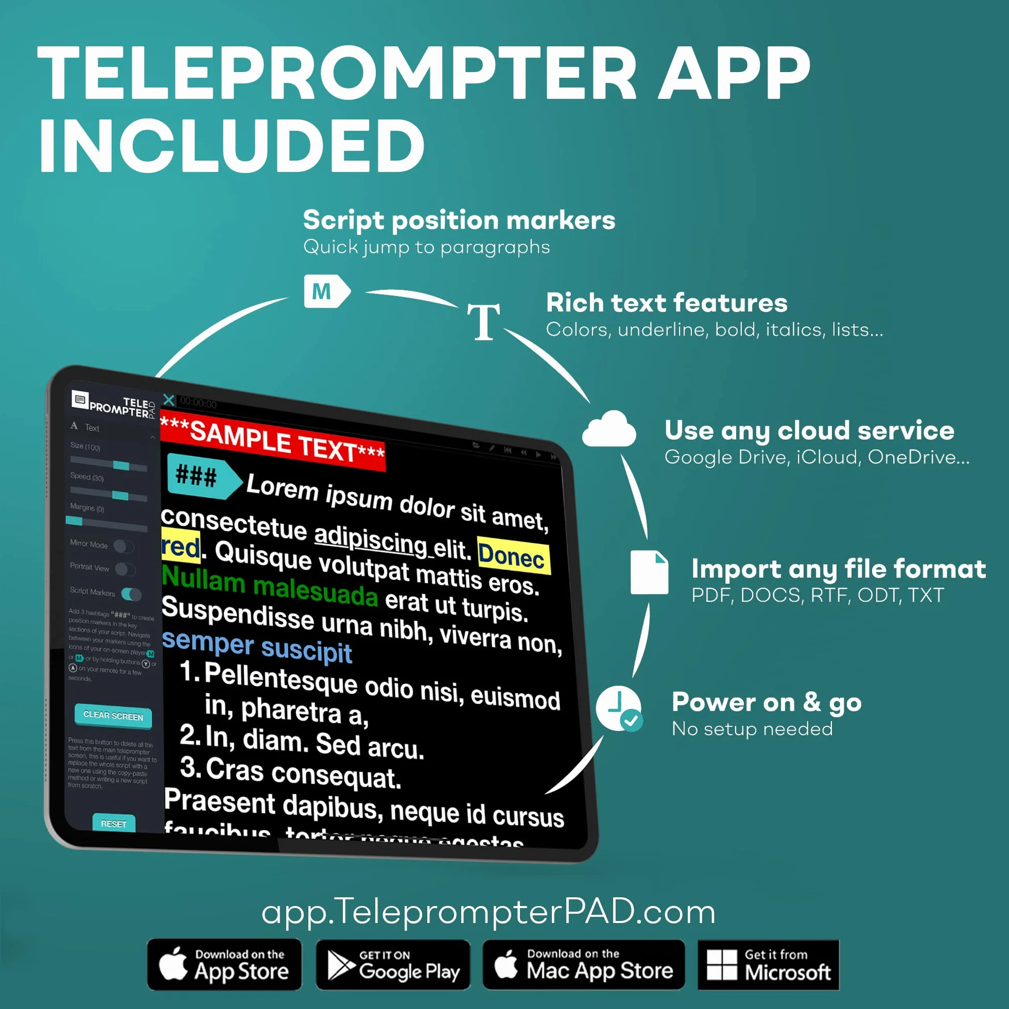 Pilot Bluetooth do telepromptera, zawiera aplikację dla Apple, Android, Windows, Mac, bezprzewodowy kontroler do Beam Splitter Prompter, wydarzenia na żywo