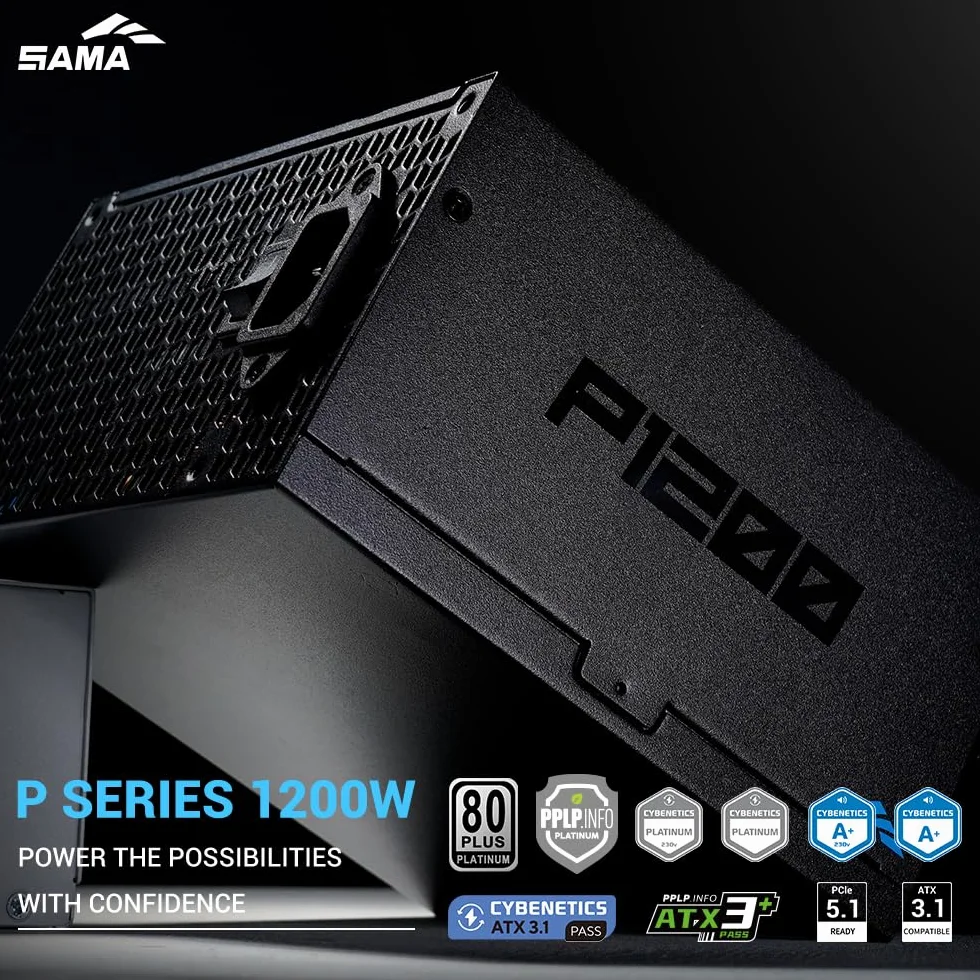Zasilacz SAMA P1200 1200W Platinum, ATX 3.1, w pełni modularny, czarny | PCIe 5.1, certyfikat 80 Plus Platinum i Cybenetics, japońskie kondensatory, ultra-cichy wentylator 140 mm FDB