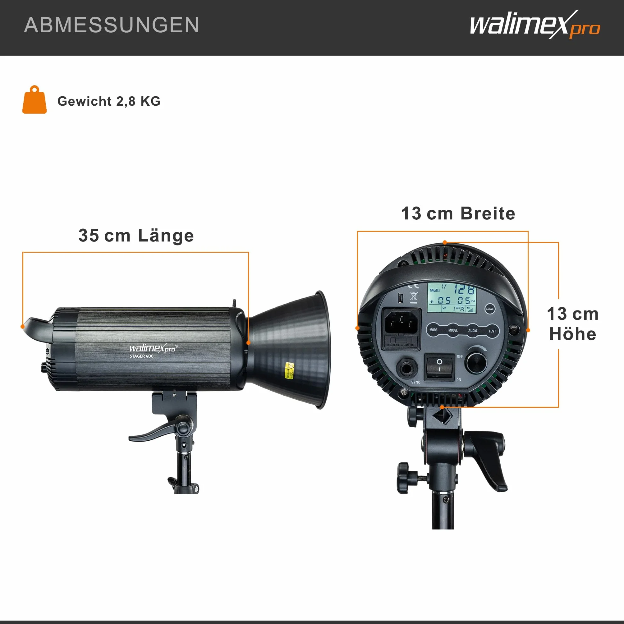 Walimex Pro Stager 400 HSS lampa studyjna – wydajna lampa studyjna z odbiornikiem 2,4 GHz, tryb HSS, 400 W, krótki czas palenia, światło LED do regulacji, dla profesjonalnych fotografów