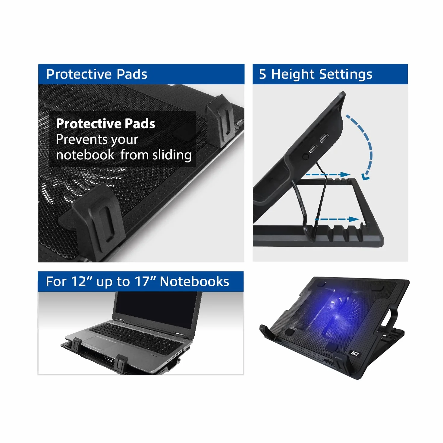 ACT AC8110 podkładka chłodząca do laptopa 43.2 cm, stojak z regulacją wysokości, 5 pozycji ergonomicznych, 1 cichy wentylator, port USB