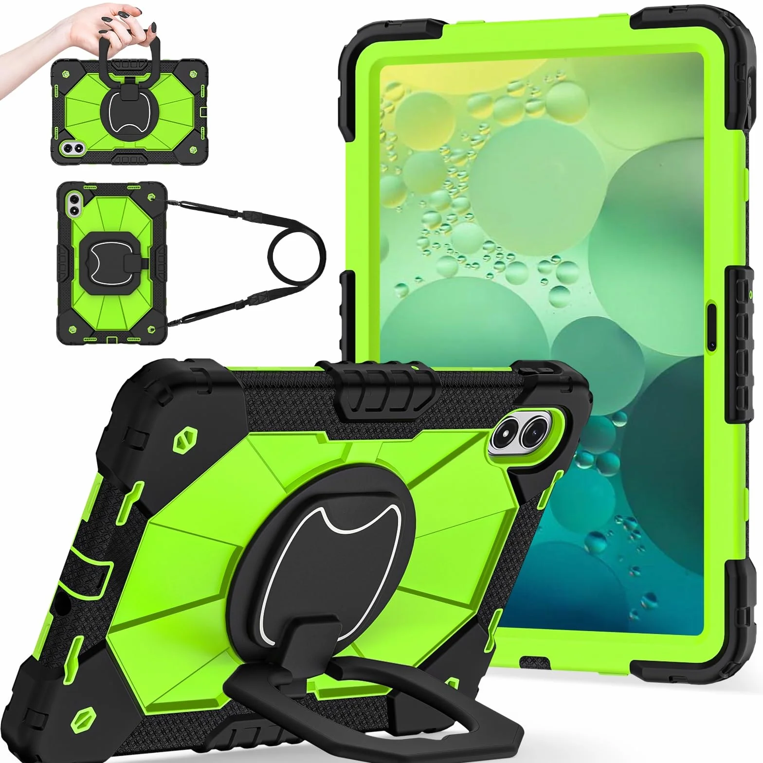 Etui do Xiaomi Redmi Pad 2 Pro 12,1 cala model 2025, wytrzymała, odporna na wstrząsy osłona, etui ochronne W 360 obrotowa podpórka + pasek na rękę + pasek na ramię (czarny + zielony 2)