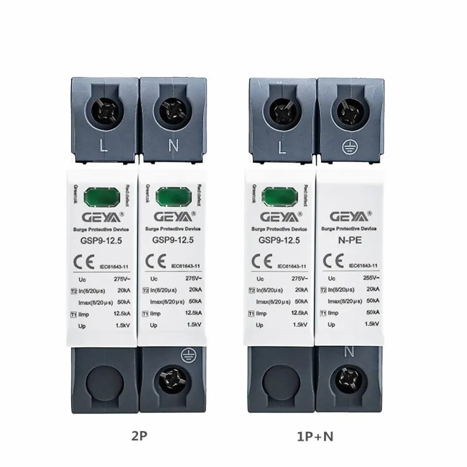 GEYA Ochrona przeciwprzepięciowa SPD Zabezpieczenie przeciwprzepięciowe do domu szynowego DIN 12.5KA T1+T2 Class 50KA(2P,AC275V)