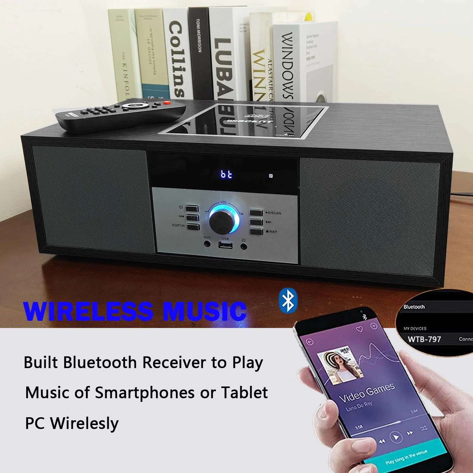 Kompaktowe urządzenia, nostalgiczny zestaw stereo Bluetooth do domu, WISCENT Vintage Micro HiFi Systems, odtwarzacz CD, z Bluetooth Audio Streaming, radio FM, złącze USB, wejście Aux-in, gniazdo