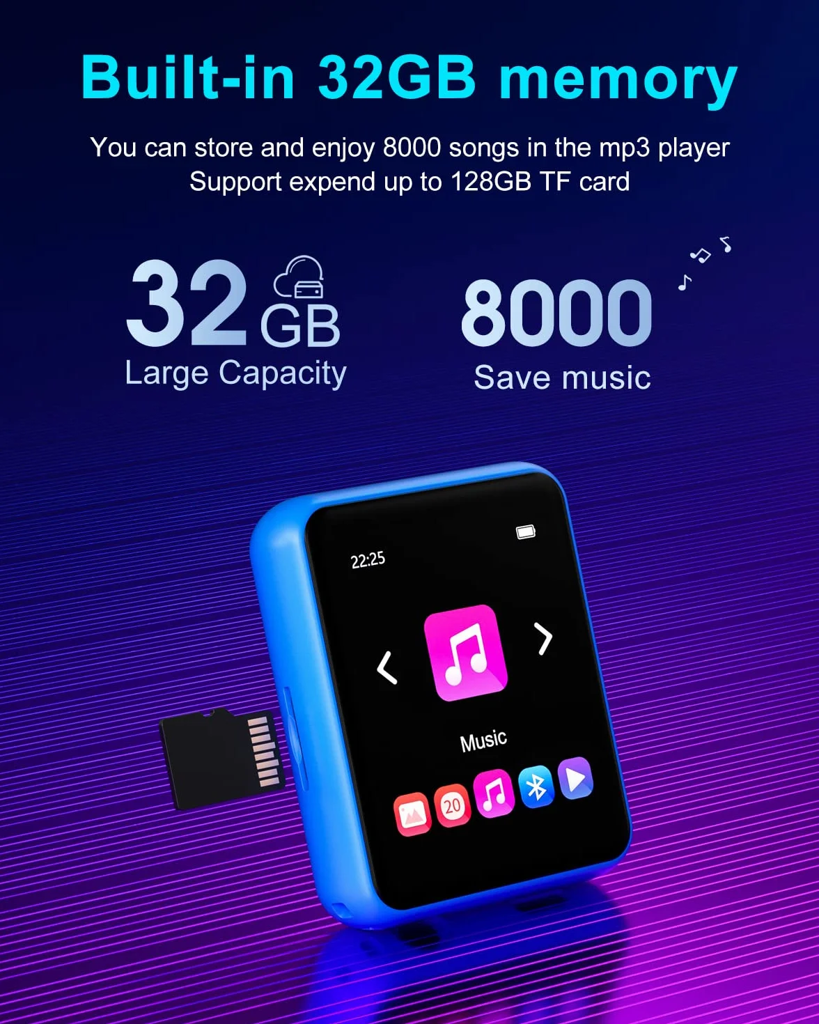 Odtwarzacz MP3 32GB Bluetooth 5.0 z pełnym ekranem dotykowym, Bezstratny odtwarzacz muzyczny HiFi Metalowa obudowa, radio FM, głośnik, nagrywanie liniowe, obsługuje do 128 GB