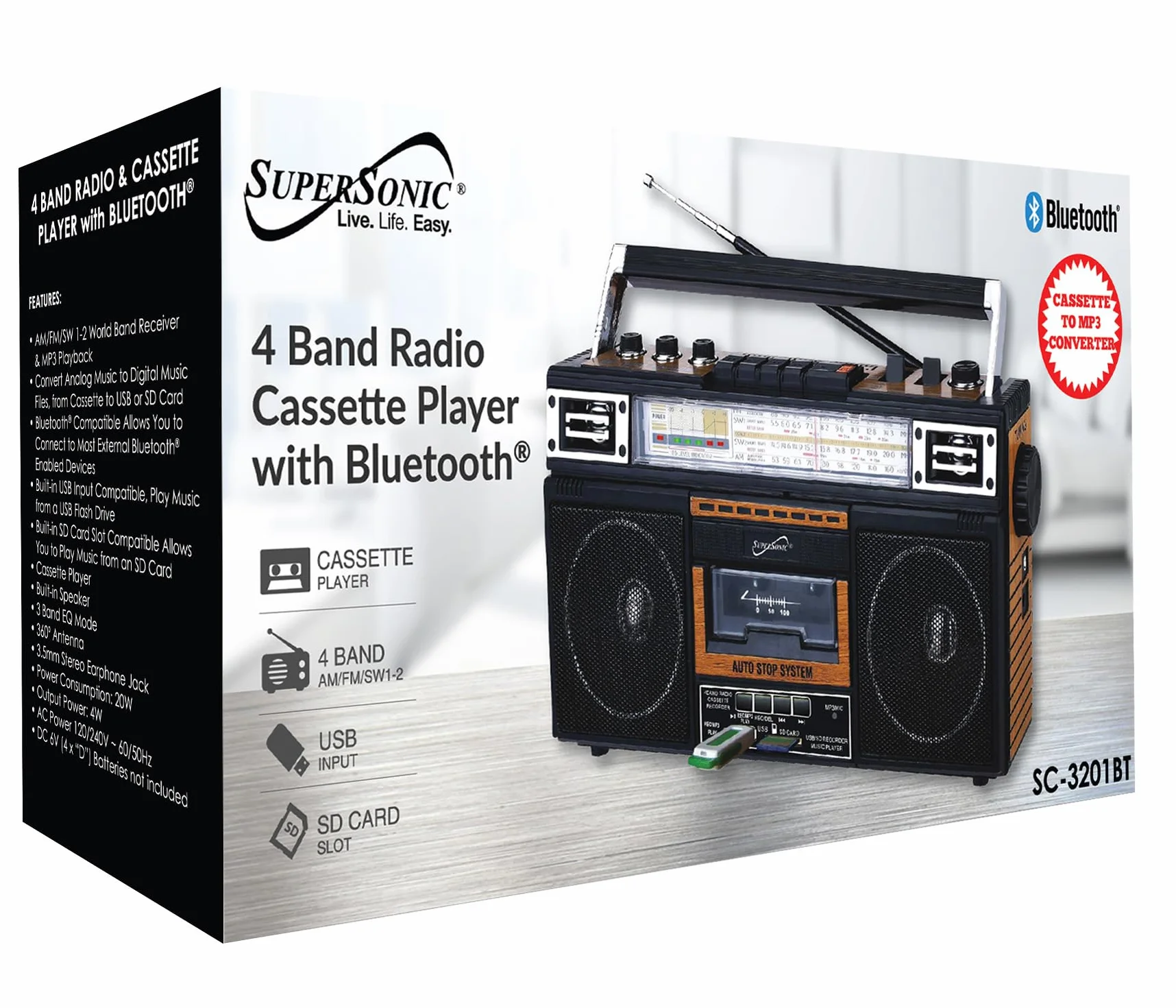 Supersonic SC-3201TBTWOD Bluetooth Retro 4 Band Radio Cassette USB Wood