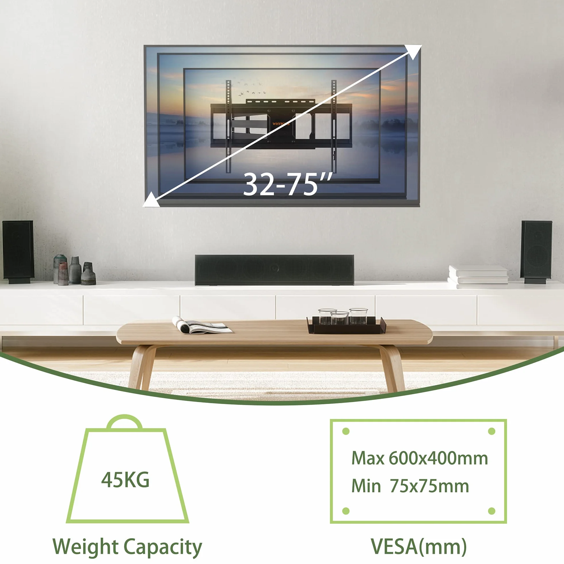 Uchwyt ścienny do telewizora Obrotowy narożny uchwyt do telewizora WHYFONE z długim zasięgiem z ramieniem przegubowym 838 mm, pochylany uchwyt ścienny z pełnym ruchem do płaskich i zakrzywionych